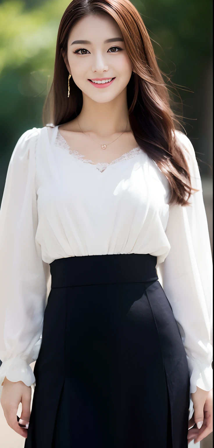(Lovers 1 Girl), (Colossal tits:1.3), Blouses and tight skirts、a park、Friday Night、 (​master piece: 1.3), (max resolution: 1.4), (UltraHD: 1.2), cinematric light, UltraHD, (Detailed eyes and skin), (detailed facial features), nffsw, 8K分辨率, Perfect Style, beautiful countenance、Highly detailed facial and skin texture、A detailed eye、二重まぶた、Glitter Eyeliner:1.2、thin cheeks、fair white skin:1.6、shiny little necklace and earrings,、Red Rouge:1.2、shiny lip:1.2、((FULL BODYSHOT:1.2))、(Neat and snow-white blouse)、Women's Fashion Autumn、high-heels、(Layered Hair Style、dark brown  hair)、medium-Long hair、(A very seductive smile:1.2)