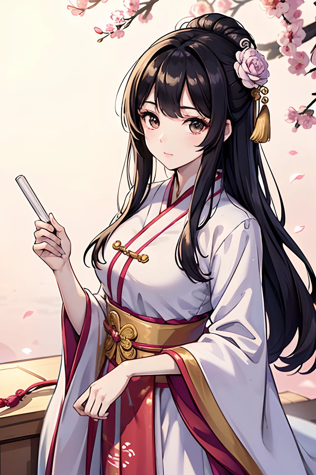 There is a cartoon girl in a dress, Chinese dress, hanbok apron, chinese costume, Traditional Chinese Costume, Close-up - View, hanbok, wearing ancient Chinese costume, with ancient Chinese costume, palatial palace, a girl in hanfu, white hanfu, Cheongsam, Wearing pink flowers chiton, shadow room, Light Edge, Two-tone lighting, (High Detail Skin: 1.2), 8K UHD, Digital SLR, Soft light, High quality, Volumetric lighting, Sneak Peek, Photo, High resolution, 4K, 8K, Background bokeh