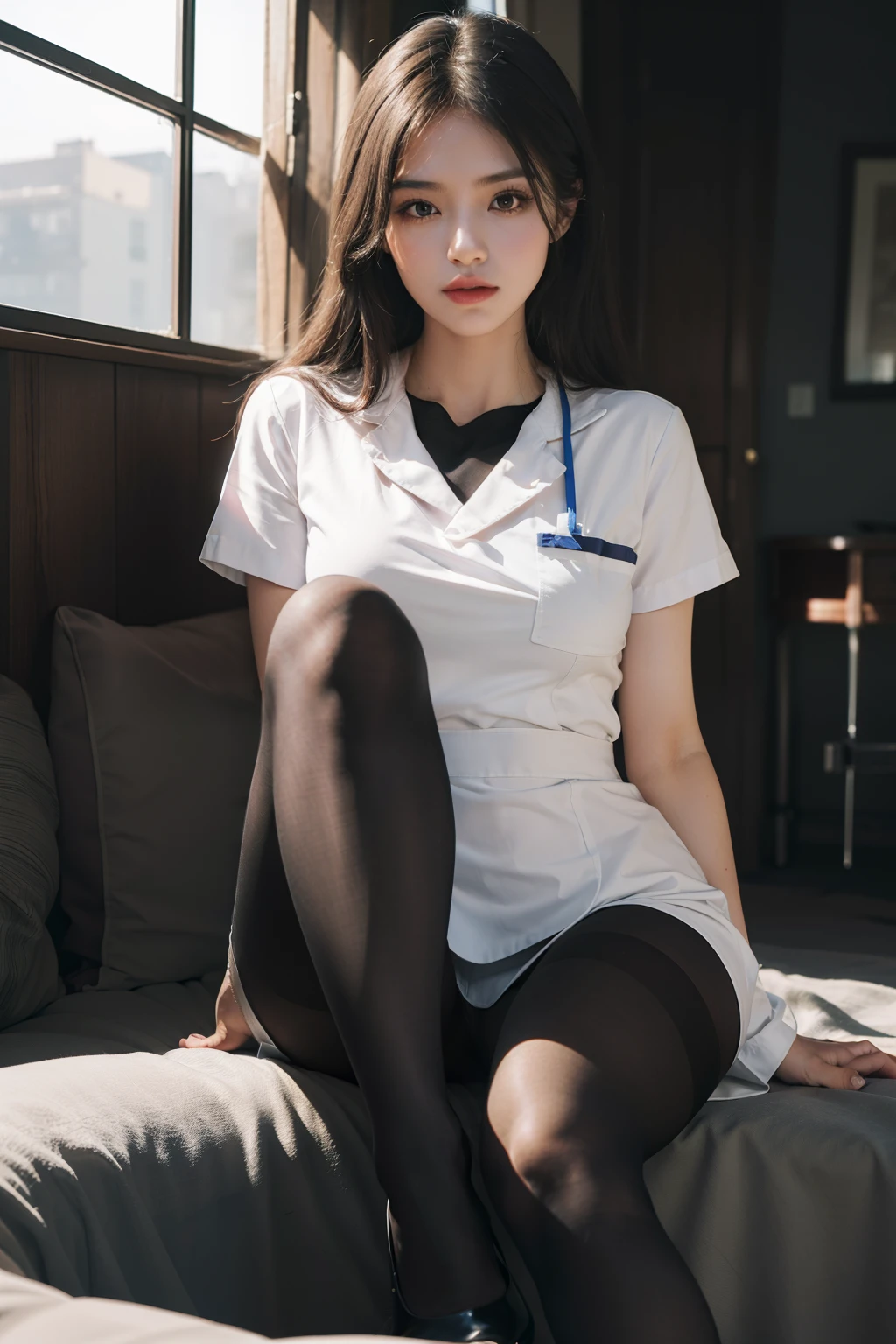 (full bodyesbian:1.5),(1girll:1.3),(view the viewer:1.4),(anatomy correct:1.4),(Sit on top of the hill:1.2),(Wear a nurse suit:1.2),(Opaque black pantyhose:1.3),( Girls pointed-toe thick heels :1.1),(Accurate and perfect face:1.3),(Long legs:1.3),hyper HD, Ray traching, reflective light, structurally correct, Award-Awarded, High detail, Fade shadow contrast, Face lighting ,Cinematic lighting, Masterpiece, super detailing, High quality, High detail, Best quality, 16k,High contrast,