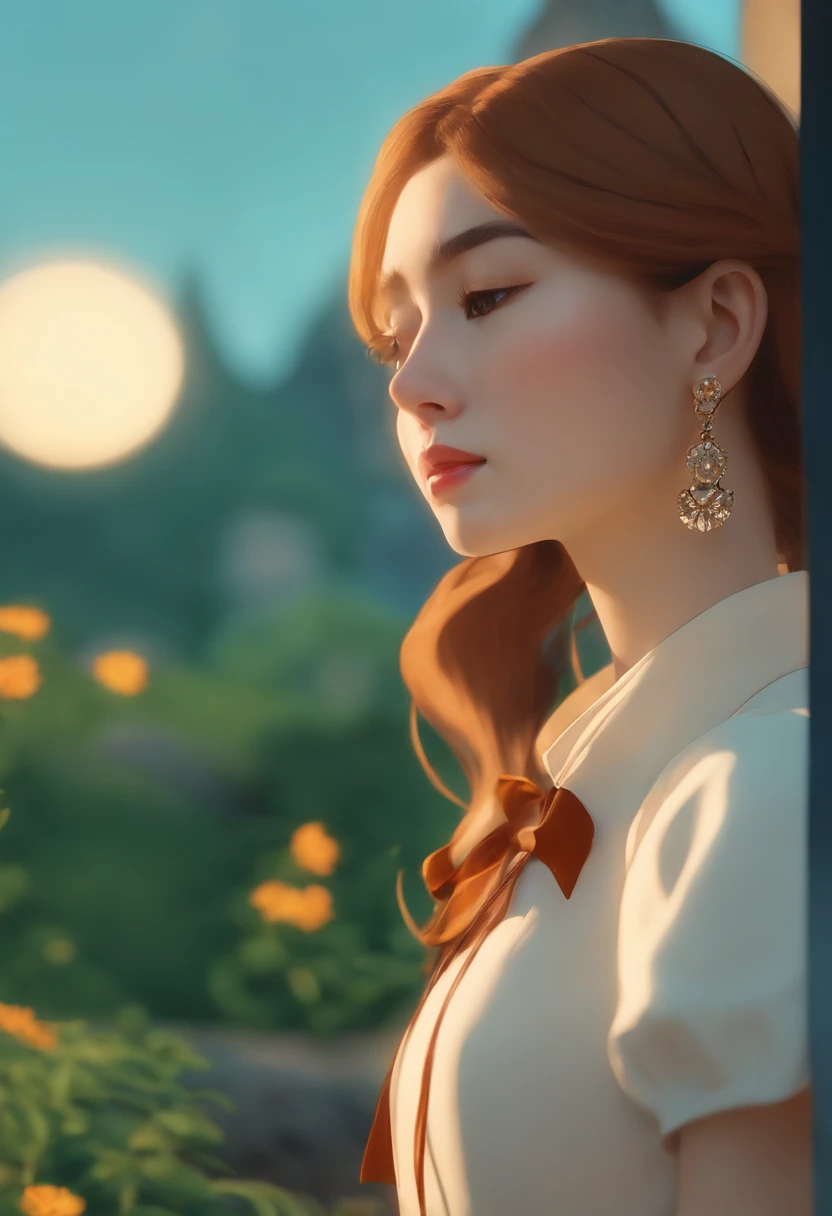 A girl wearing an anime collar, A long necklace and earrings, inthe style of tranquil gardenscapes, colorful animation stills, Masami Teraoka, aquamarine, Paul Gauguin, Amber style, Honest portrayal