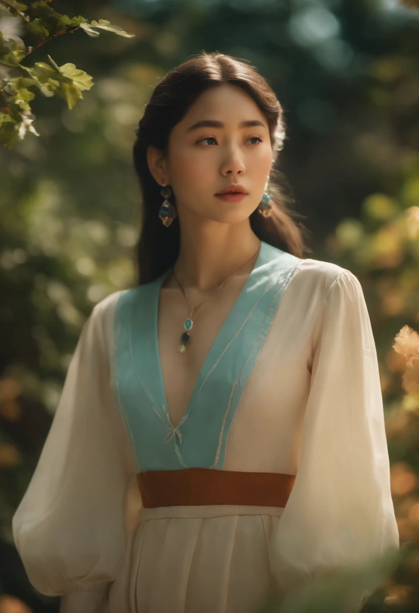 A girl wearing an anime collar, A long necklace and earrings, inthe style of tranquil gardenscapes, colorful animation stills, Masami Teraoka, aquamarine, Paul Gauguin, Amber style, Honest portrayal
