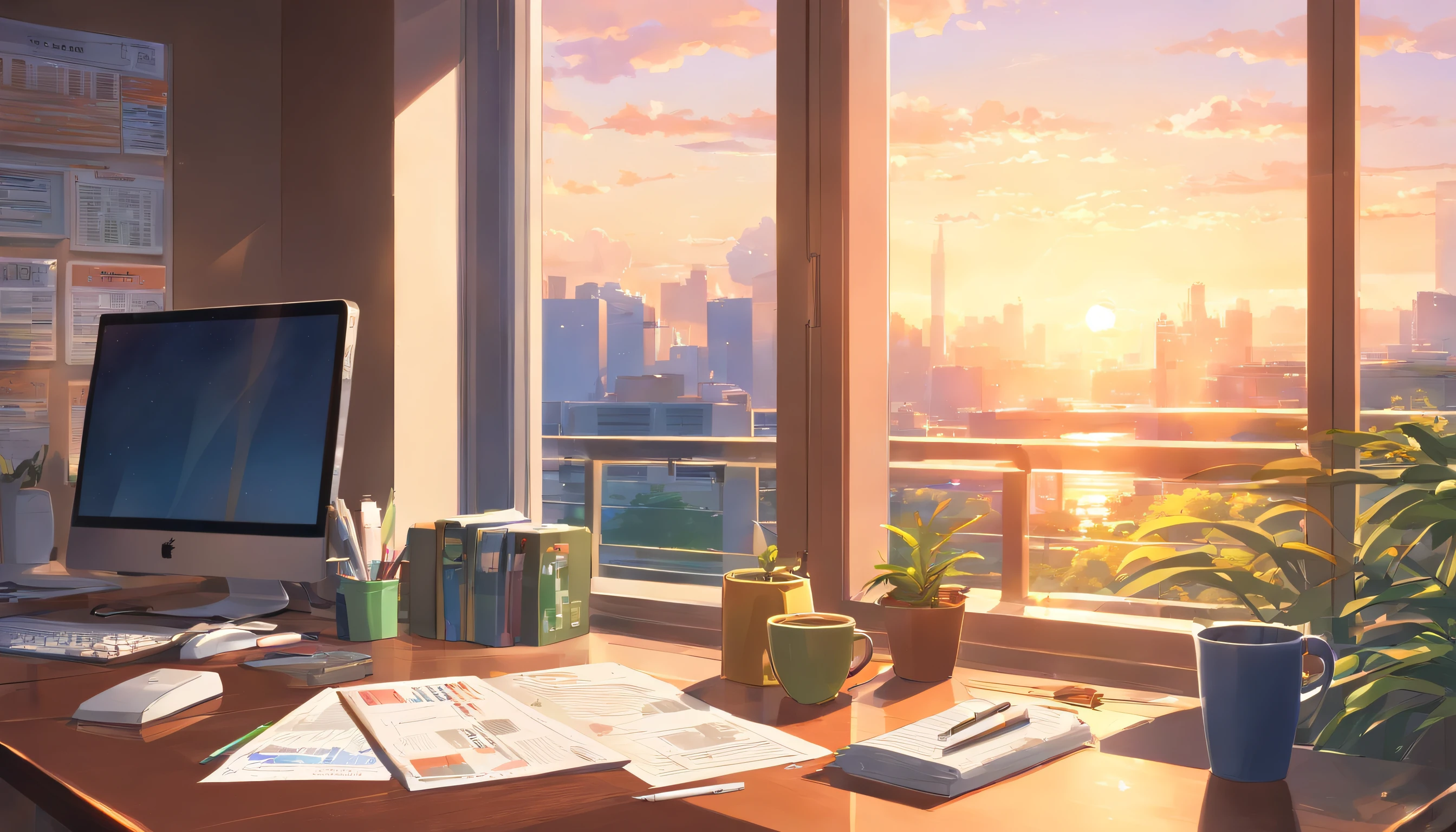 view from the window, morning, sunny day, study environment, newspaper,
coffee cup, notebook, mac book, focus on the coffee cup, slightly blurred background, environment integrated with the work room