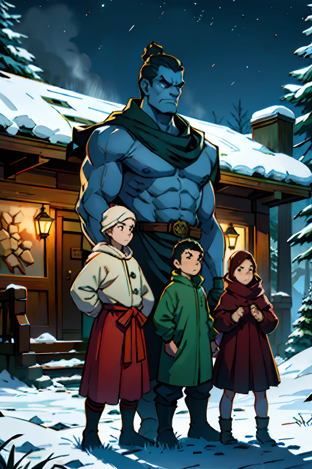 A family, standing in front of a house, frowning, making angry gestures, arms crossed, fists shaking, background is wintery pine forest at night, eerie light, mood is animosity, hostility, character design.