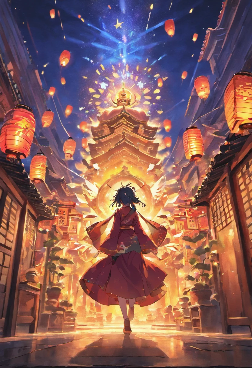 New Year，Chinese-style town，nigh sky，Buddha statue in the center，decorations，Hanging Chinese lanterns，fire works，empty of people