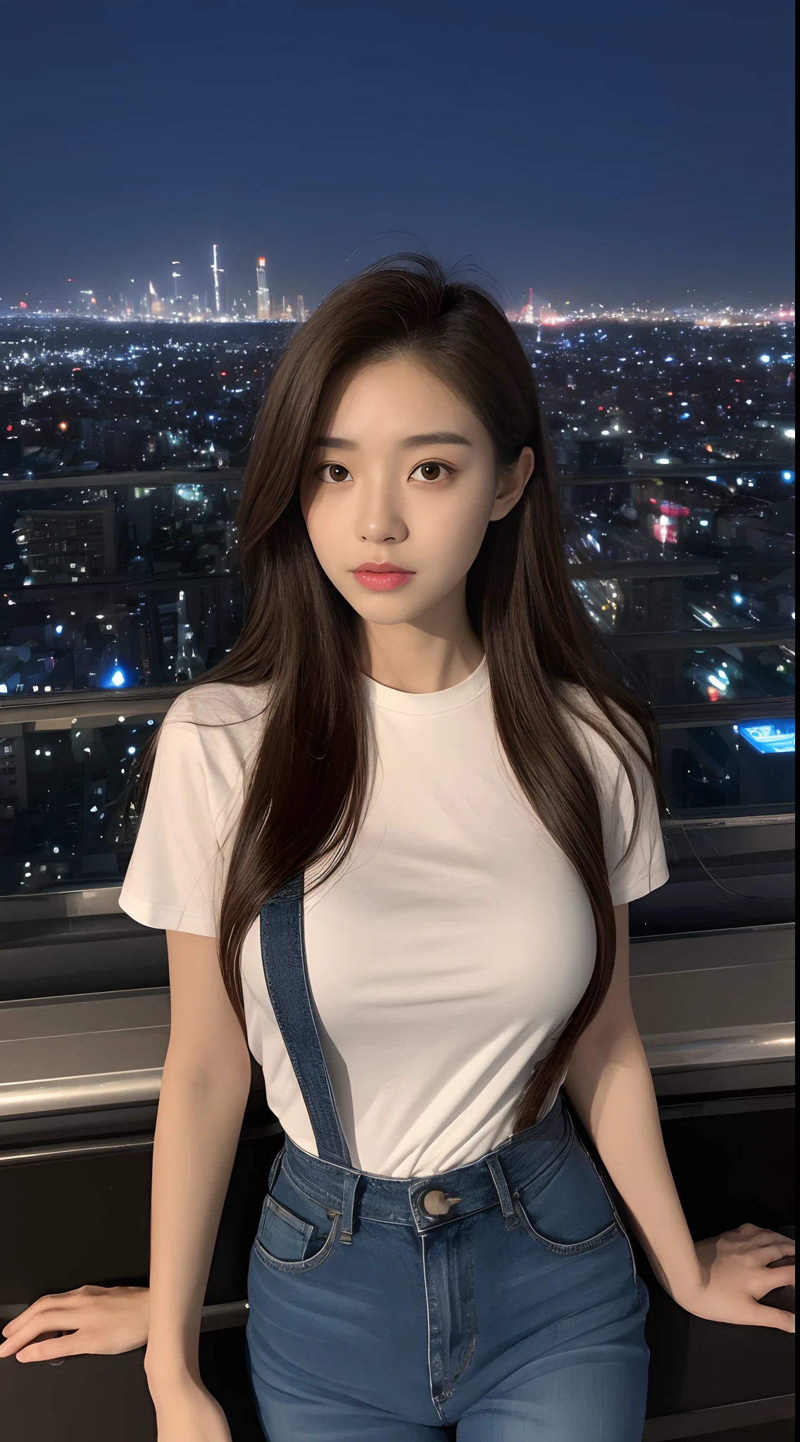 ((Midnight, Best quality, 8k, Masterpiece :1.3)), Whole body, Long legs, Sharp focus :1.2, A pretty woman with perfect figure :1.4, Slender abs :1.1, ((Dark brown hair, Big breasts :1.2)), (White tight tshirt, Jean bib, Standing:1.2), ((Night city view, Rooftop:1.3)), Highly detailed face and skin texture, Detailed eyes, Double eyelid