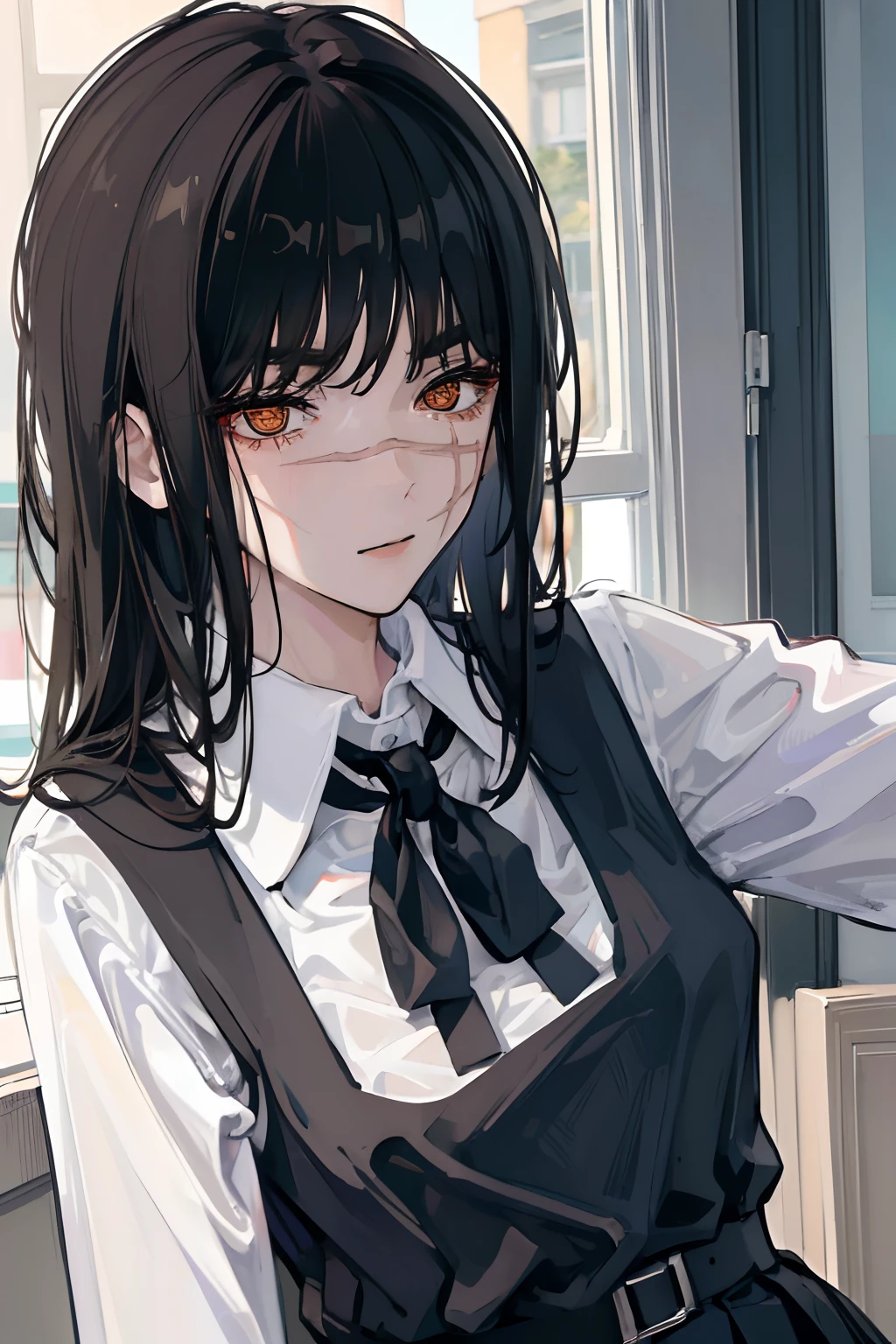 (masuter piece,Best Quality,Ultra-detailed),1girl in,A dark-haired,Gold Eye,Yol,Schoolgirls' uniform, portlate