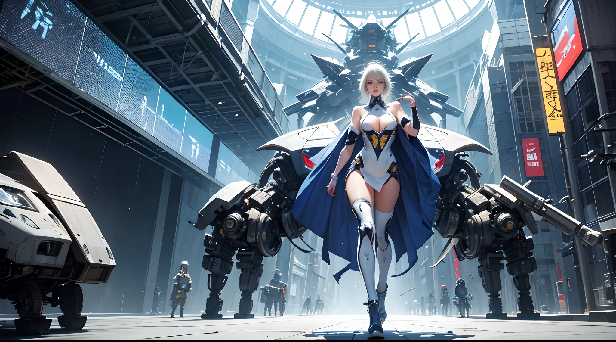 （super wide shot, Full body frontal photo）, Mecha warrior style,《White and blue mechs》，（Mecha warrior girl，Yellow metal armor，）, （super wide shot, Full body frontal photo）， offcial art, 统一 8k 壁纸, ultra - detailed, Beautiful and aesthetic, big breasts beautiful, tmasterpiece, Best quality at best, primitive，tmasterpiece，ultra fine photos，，best qualtiy，超高分辨率，Photoreality，rays of sunshine，full-body portraits，stunningly beautiful，，dynamicposes，delicated face，Vibrant eyes，She wears a futuristic mech，（Beautiful detail background），detailed face with，Detailed and complex busy background，Untidy，opulent，milkyW，Highly detailed skin，Realistic details of skin，Visible Pore，tack sharp focus，volume fog，8K UHD，digital SLR camera，high qulity，filmgrain，White skin of the，photo-realism，DL，Huge metropolis in a dystopia of the future , look from down, semi transparent