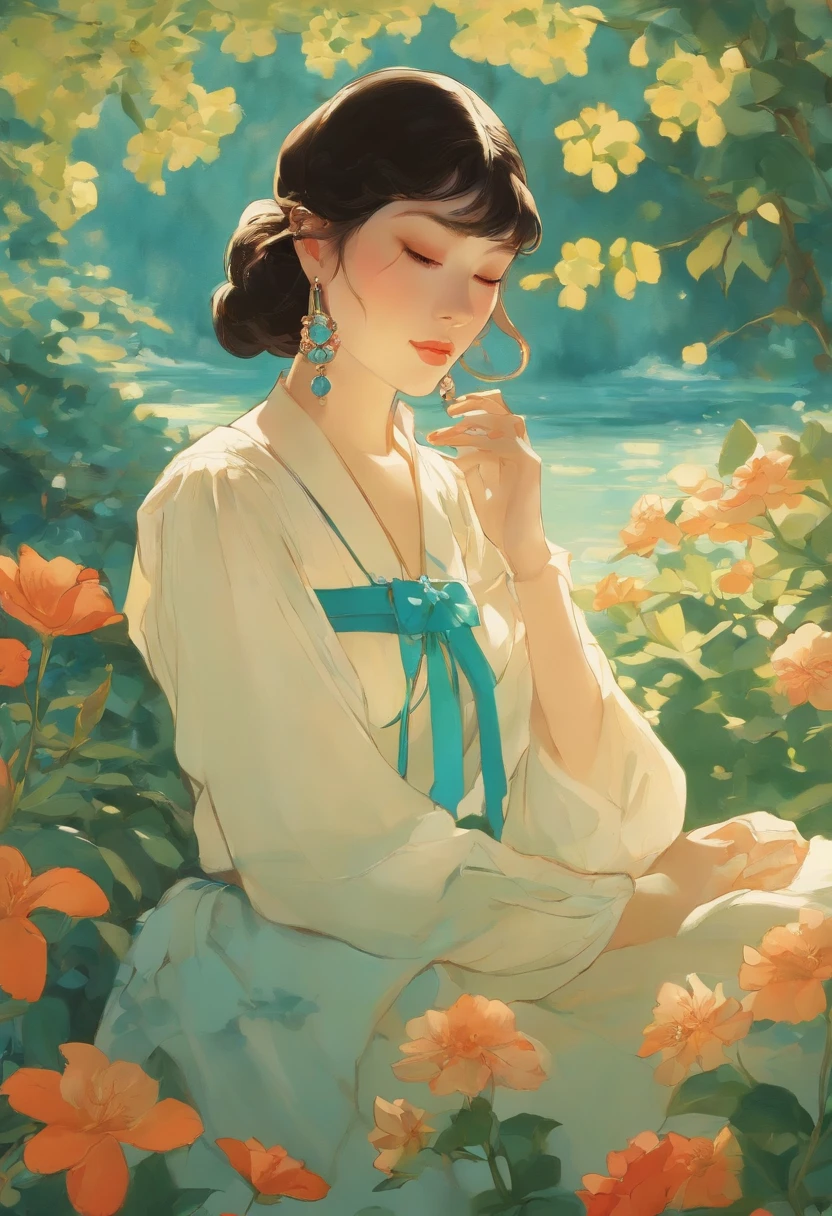 A girl wearing an anime collar, A long necklace and earrings, inthe style of tranquil gardenscapes, colorful animation stills, Masami Teraoka, aquamarine, Paul Gauguin, Amber style, Honest portrayal