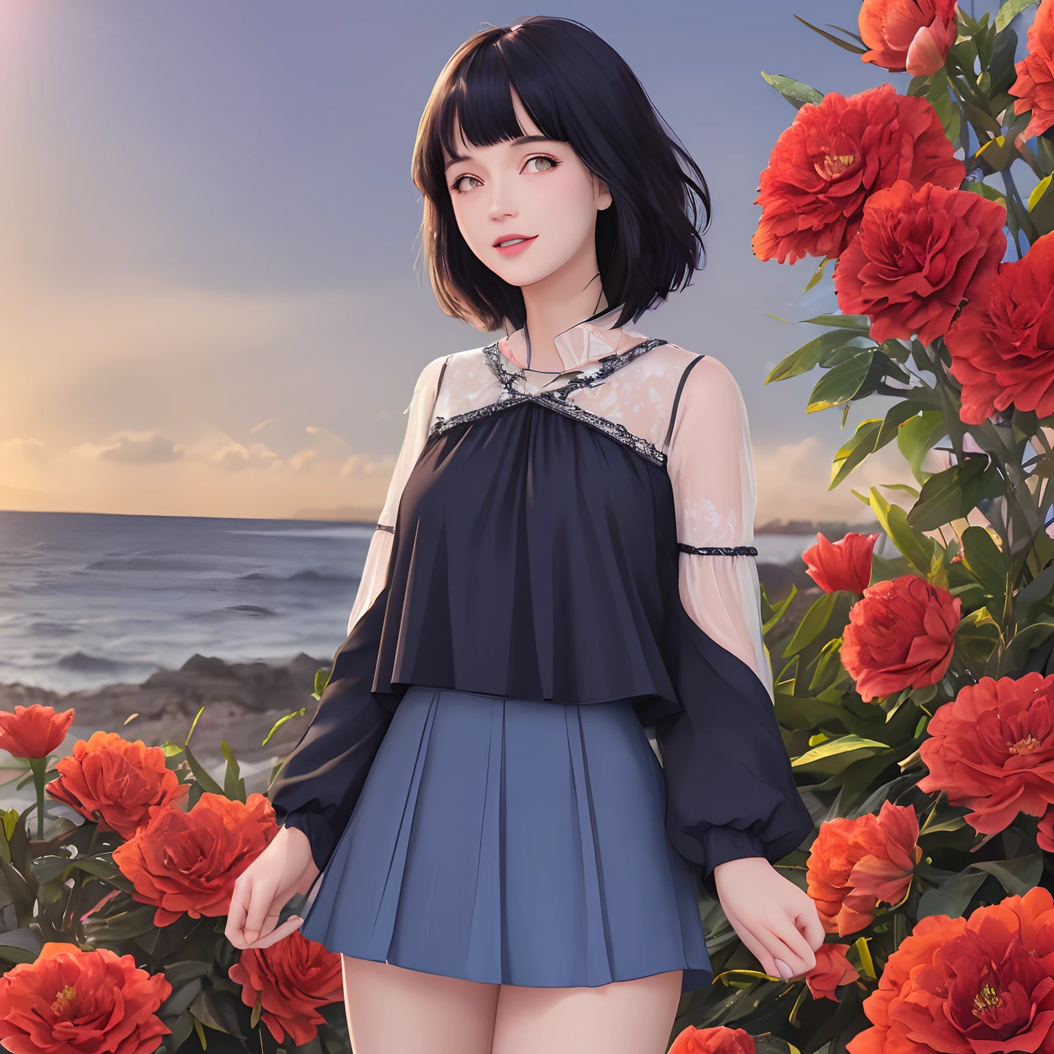 realistic, 1girl, glowing eyes, cropped top, skirt, parted lips, blush, night, flowers, sun, sunlight, white skirt, short skirt, medium length hair, real, warm color, white short skirt, white clothes, background color light, day environment, bright color background, saudi, ocean, cute,Blunt Bangs, purple eyes, dark blue hair