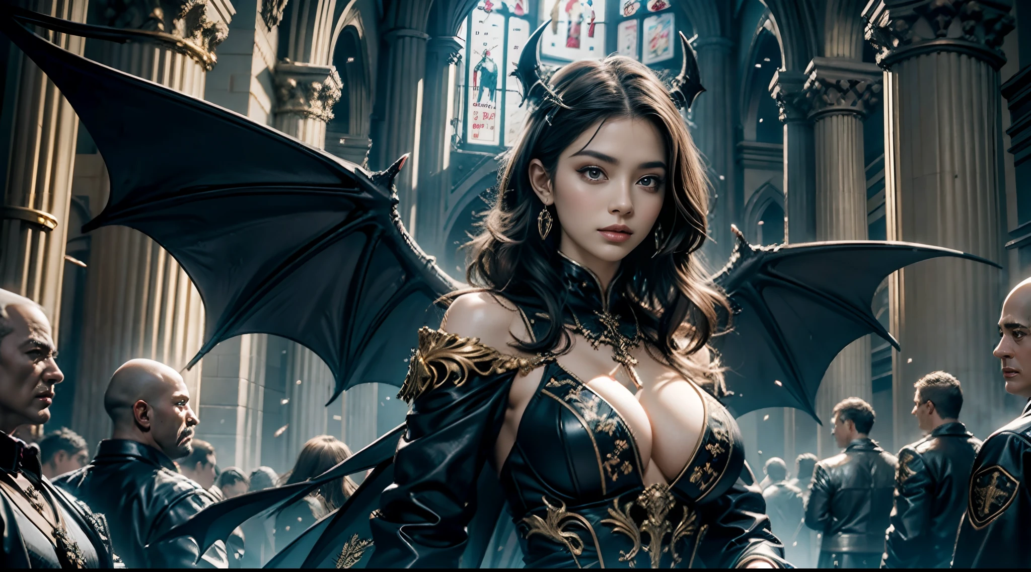 tmasterpiece,top-quality,best qualityer,offcial art,Beauty and aesthetics:1.2),(tmasterpiece:1.3), (8K, realisticlying, RAW photos, best qualtiy: 1.4), beauitful face, (photorealiscic face),超高分辨率, Ultra photo realsisim, highly detailed, the golden ratio, (Award-winning digital artwork:1.3) af (sketching:1.3),(with dynamism:1.3),(Saturation:1.3),(Close portrait:1.3),illusory engine, (High detail: 1.9),(femele:1.4),(big breasts beautiful: 1.4),(carismatic:1.3),(Large breasts),beuaty girl,Dragon's horn,Bat wings, Ray traching, Mid-range portrait,The background is the church,Hellfire,satan,crosses,leather whip