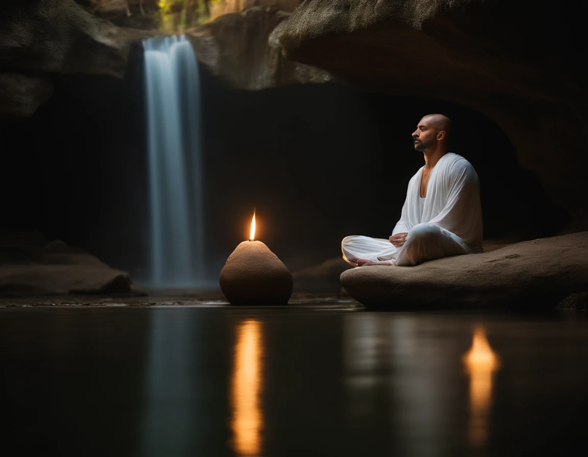 Homem sentado em uma caverna com uma vela acesa, hindu stages of meditation, monge meditar, Um meditativo, Mystical Temple, orar meditando, Monge Budista meditando, Bright temple in the distance, flutuando em um poderoso estado zen, budismo, Um meditativo, Budista, Em uma caverna com uma cachoeira, Mystical setting, Underground monasteries, mysterious temple setting,Wedding Hunt,mulher presa