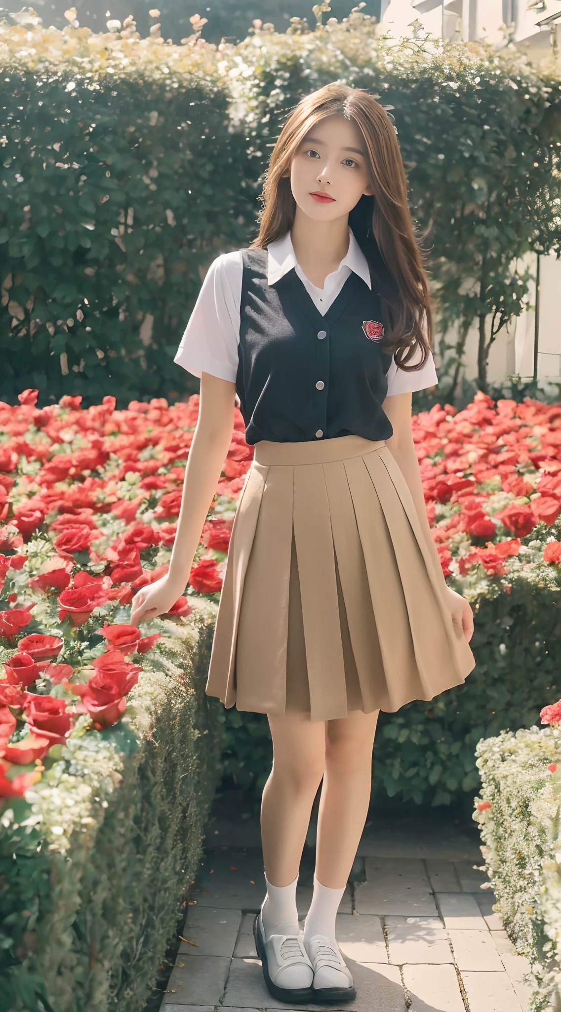 ((best qualtiy, 8K, Masterpiece Masterpiece: 1.3)),1girl，（full bodyesbian：1.5），Perfect figure，cute beautiful, Slim，very pretty girl， ((Brown hair black)) , (pleatedskirt，white short sleeve shirt，Women's school shoes，school uniform，Full chest，Golden ratio figure，Highly detailed face，standing on your feet：1.2），（（Sea of roses）），highly-detailed face，Ray traching，Colorful dreamy fairy tale garden，detail-rich，Sea of roses，8K,