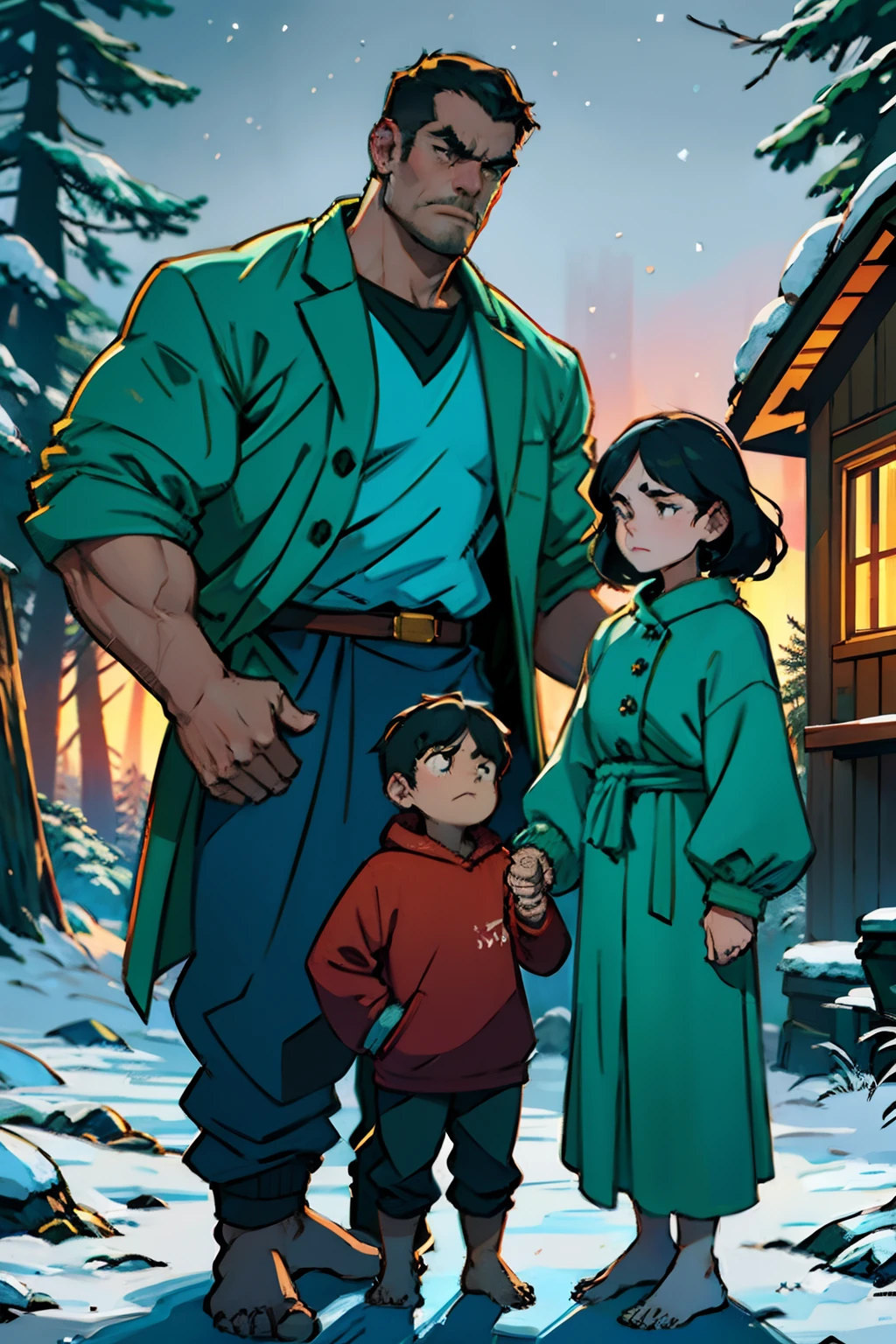 A family, standing in front of a house, husband, wife and child, frowning, making angry gestures, arms crossed, fists shaking, background is wintery pine forest at night, eerie light, mood is animosity, hostility, character design.