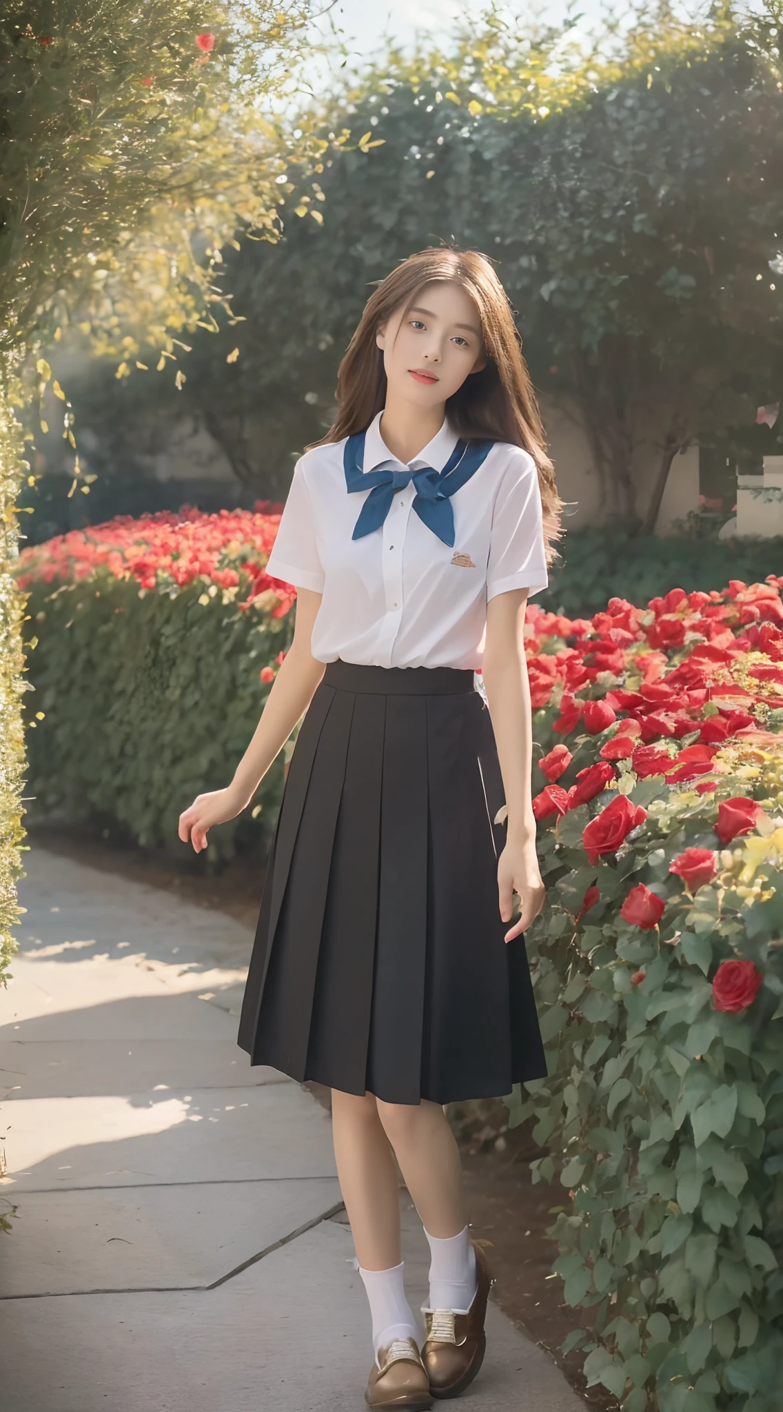 ((best qualtiy, 8K, Masterpiece Masterpiece: 1.3)),1girl,(full bodyesbian:1.5),Perfect figure,cute beautiful, Slim,very pretty girl, ((Brown hair black)) , (pleatedskirt,white short sleeve shirt,Women's school shoes,school uniform,Full chest,Golden ratio figure,Highly detailed face,standing on your feet:1.2),((Sea of roses)),highly-detailed face,Ray traching,Colorful dreamy fairy tale garden,detail-rich,Sea of roses,8K,