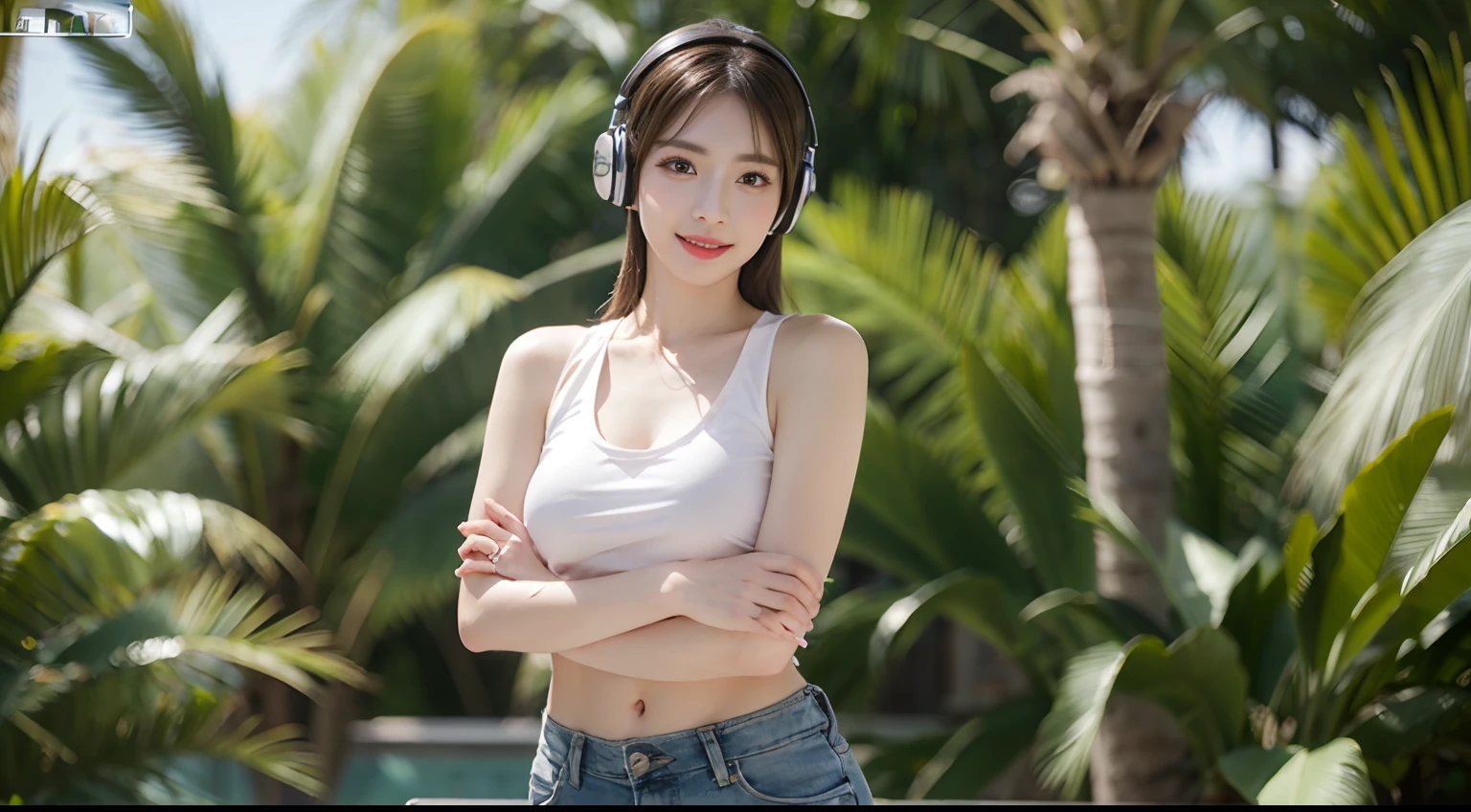 (Masuter Piece:1.3)、(8K、Photorealcitic、Raw-Photo、Top  Quality: 1.4)、(1girll)、beautiful expression、(Vivid faces)、(Light chestnut hair、Short Cut: 1.5)、beautiful hairstyle、(Double eyelids: 1.4)、RealisticEyes、beautiful detail、（Real looking skin）、Beautiful skins、absurderes、Enticing、超High Resolution A、A hyper-realistic、hoog detail、Golden proportions、gentle smiling、closing mouth、Posing in agony、Sensual appearance、heavy eye makeup、bright red lipstick、Sexy Pose、Slightly chubby appearance、tits huge、K-Pop Idol、hposing Gravure Idol、full body photograph、seaside, waves, palm tree, White tank top and ripped shorts, (Wear large headphones for DJs), (She crossed her arms and said,,)