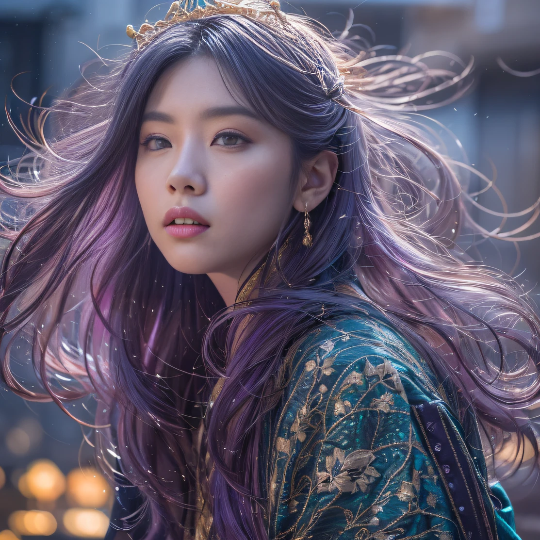 Genki Girl 32K(tmasterpiece,k hd,hyper HD,32K)Long flowing bright purple hair,Autumn Pond,zydink, a color, Asian people (Genki girl), (Silk scarf), Combat posture, looking at the ground, long whitr hair, Floating bright purple, Fire cloud pattern gold tiara, Chinese long-sleeved gold silk garment, (Abstract metaverse splash:1.2), white backgrounid,Lotus Vitality Protector(realisticlying:1.4),Bright purple hair,Smoke on the road,The background is pure, A high resolution, the detail, RAW photogr, Sharp Re, Nikon D850 Film Stock Photo by Jefferies Lee 4 Kodak Portra 400 Camera F1.6 shots, Rich colors, ultra-realistic vivid textures, Dramatic lighting, Unreal Engine Art Station Trend, cinestir 800,A girl with flowing bright purple long hair