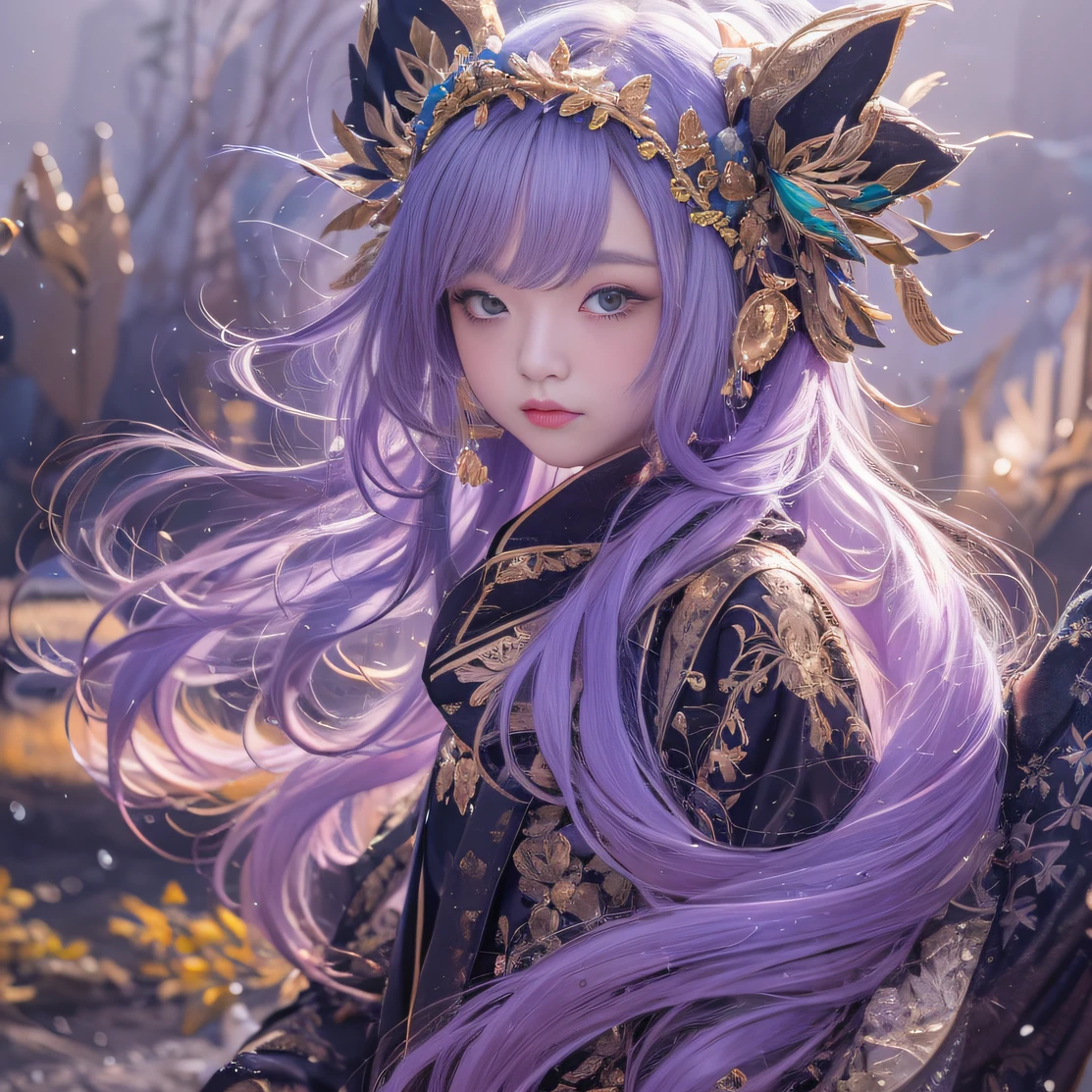 Genki Girl 32K(tmasterpiece,k hd,hyper HD,32K)Long flowing bright purple hair,Autumn Pond,zydink, a color, Asian people (Genki girl), (Silk scarf), Combat posture, looking at the ground, long whitr hair, Floating bright purple, Fire cloud pattern gold tiara, Chinese long-sleeved gold silk garment, (Abstract metaverse splash:1.2), white backgrounid,Lotus Vitality Protector(realisticlying:1.4),Bright purple hair,Smoke on the road,The background is pure, A high resolution, the detail, RAW photogr, Sharp Re, Nikon D850 Film Stock Photo by Jefferies Lee 4 Kodak Portra 400 Camera F1.6 shots, Rich colors, ultra-realistic vivid textures, Dramatic lighting, Unreal Engine Art Station Trend, cinestir 800,A girl with flowing bright purple long hair