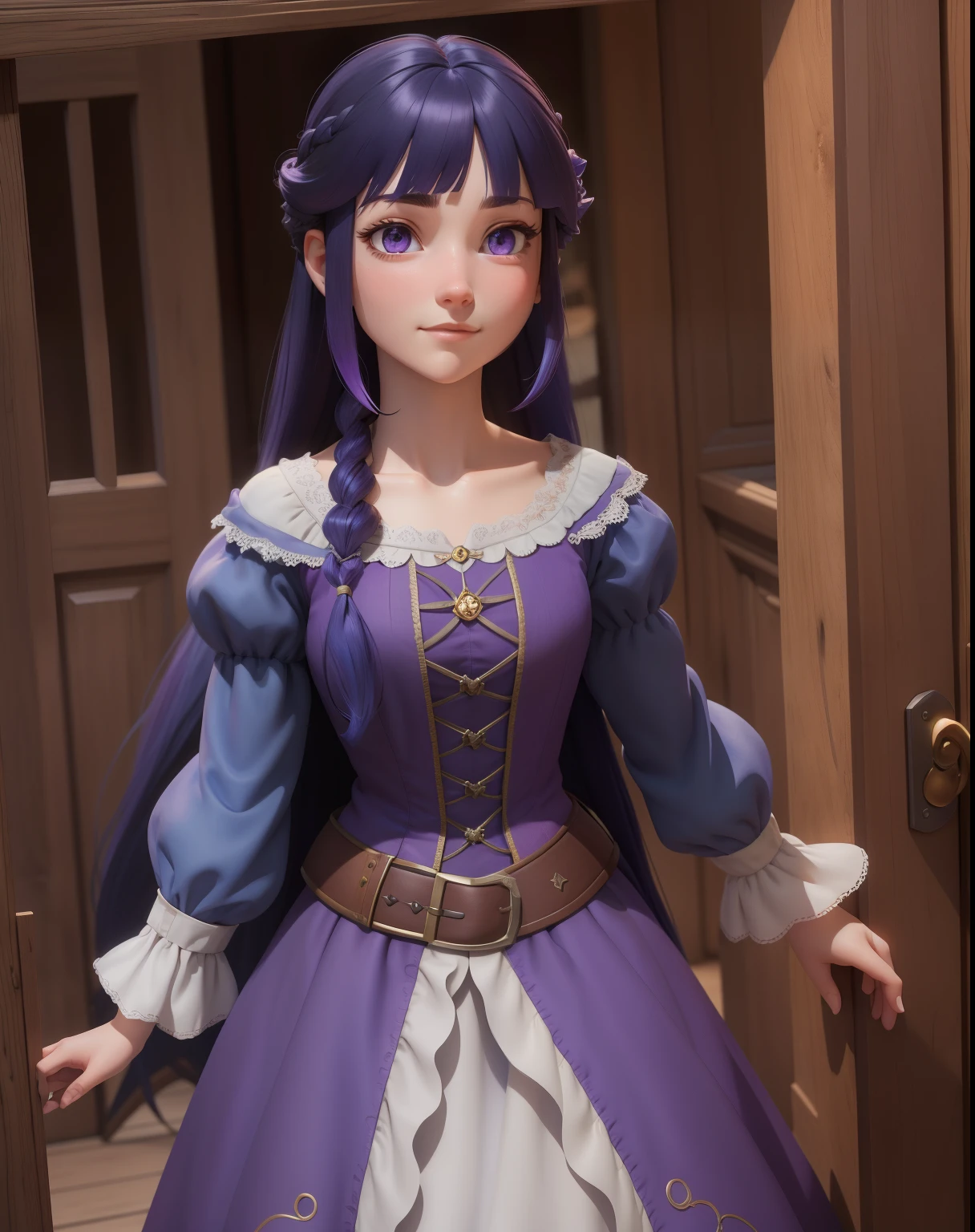 Rapunzel, (Masterpiece: 1.5), (Best Quality: 1.5), 3DMM, High Resolution, Very Detailed, 3DG, 1girl,Blunt Bangs, purple eyes, dark blue hair