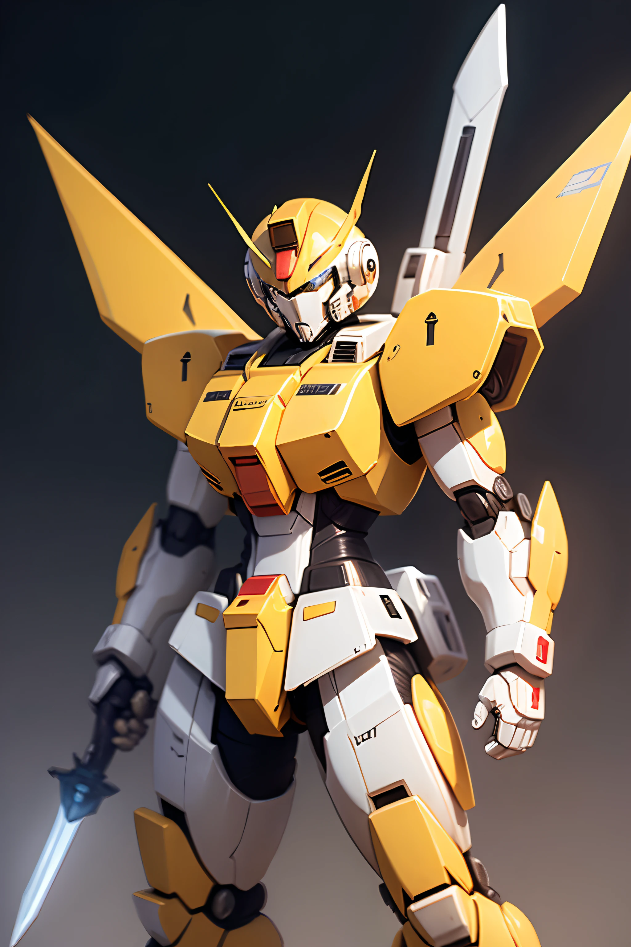 Create a yellow and white armed robot Gundam manga style with sword icon