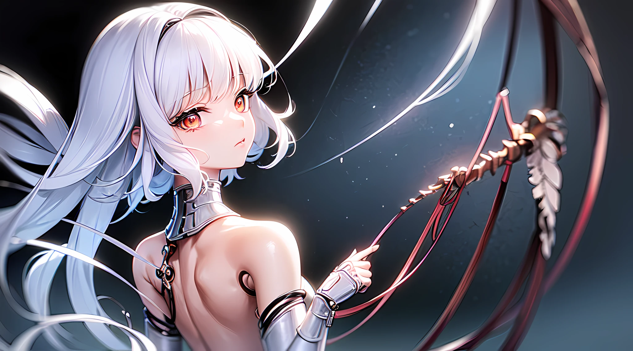 (((masterpiece))), (((best quality))), ((ultra-detailed)), (CG illustration), ((an extremely delicate and beautiful)),(from side),cinematic light, ((1 mechanical girl)), solo person, full bodyesbian,(Machine-made joints:1.2),((Mechanical limb)),(Blood vessel attached to tube),(The mechanical spine is attached to the back),((The mechanical cervical vertebrae are attached to the neck)),(standing),face expressionless,(Wires and cables around the neck:1.2),(wires and cables on head:1.2)(Character focus),White colored hair, Red colored eyes,sci-fy,White background,Extremely fine,a color,Thinnest