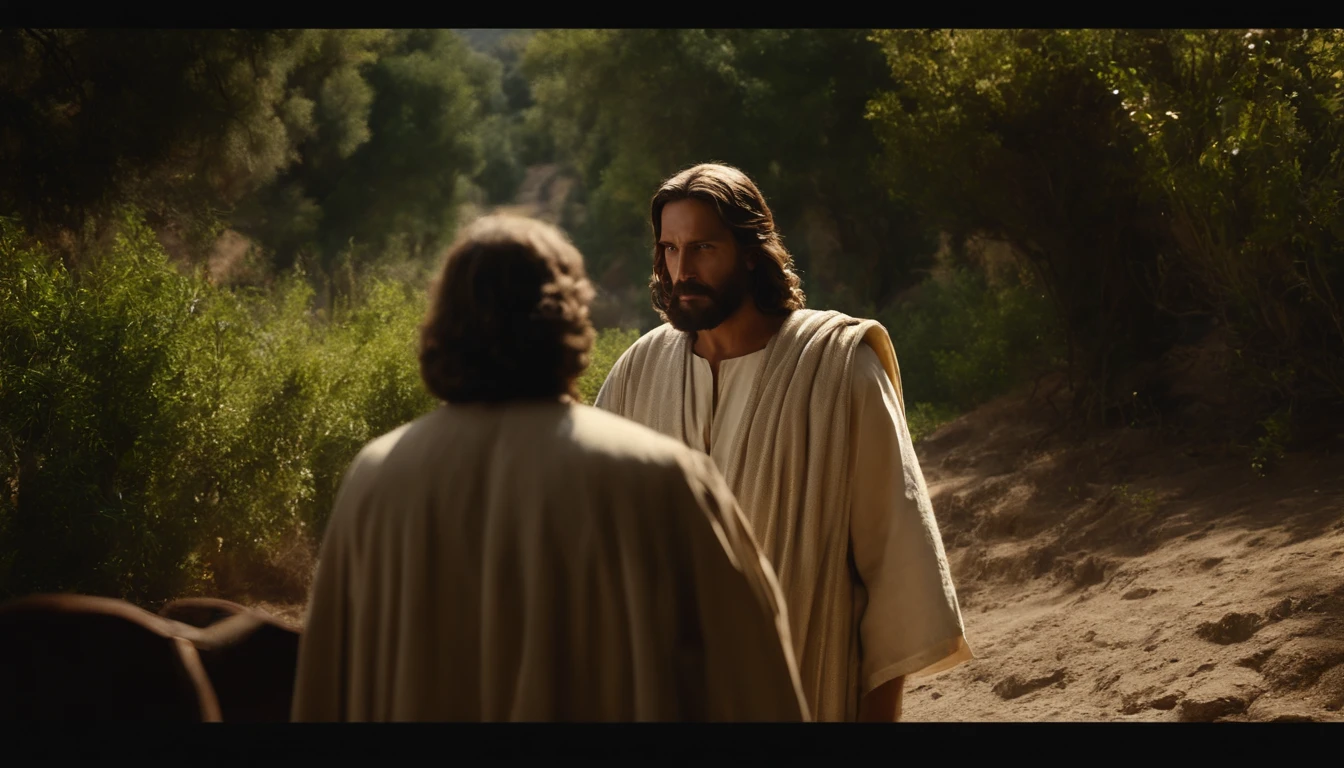 Jesus Christ talking to an employee on the way to Capernaum. Jesus esta em uma estrada de terra. the landscape is of ravines, tempo de Jesus. there are disciples with them. o empregado se encontra com Jesus.