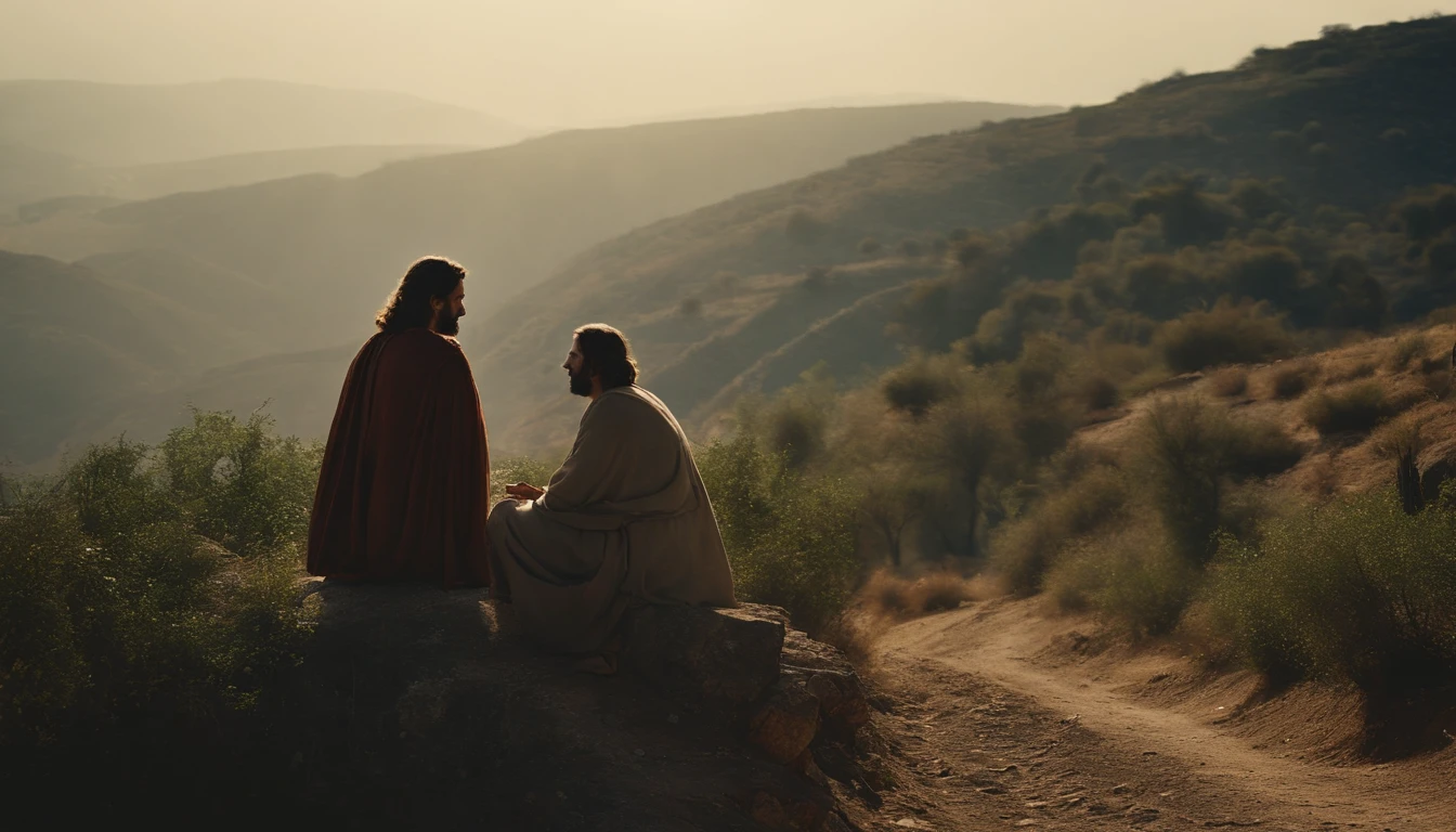 Jesus Christ talking to an employee on the way to Capernaum. Jesus esta em uma estrada de terra. the landscape is of ravines, tempo de Jesus. there are disciples with them. o empregado se encontra com Jesus.