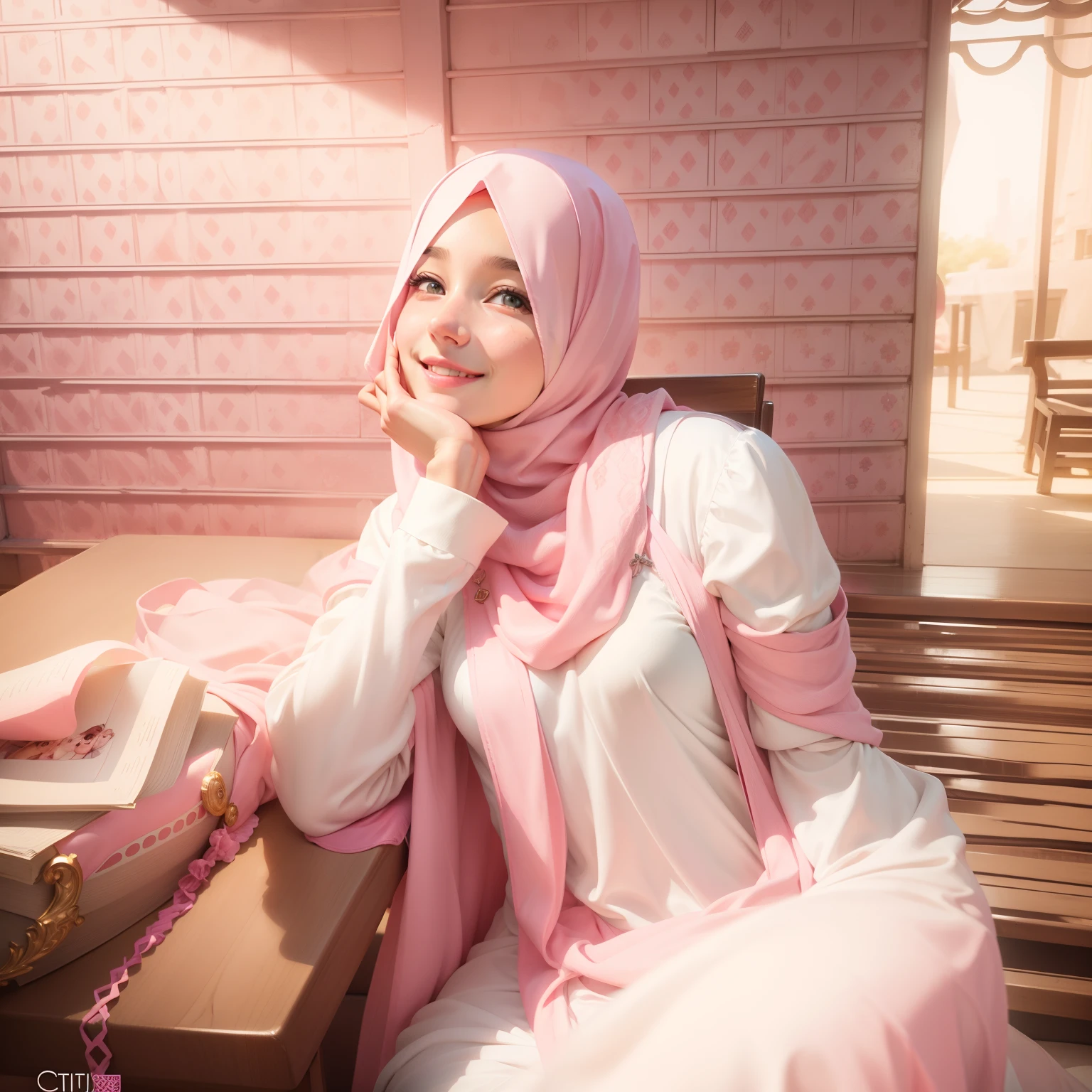 Cute girl sittig in a chair with pink long hijab and white dress, shining and smiling realistic face,8k