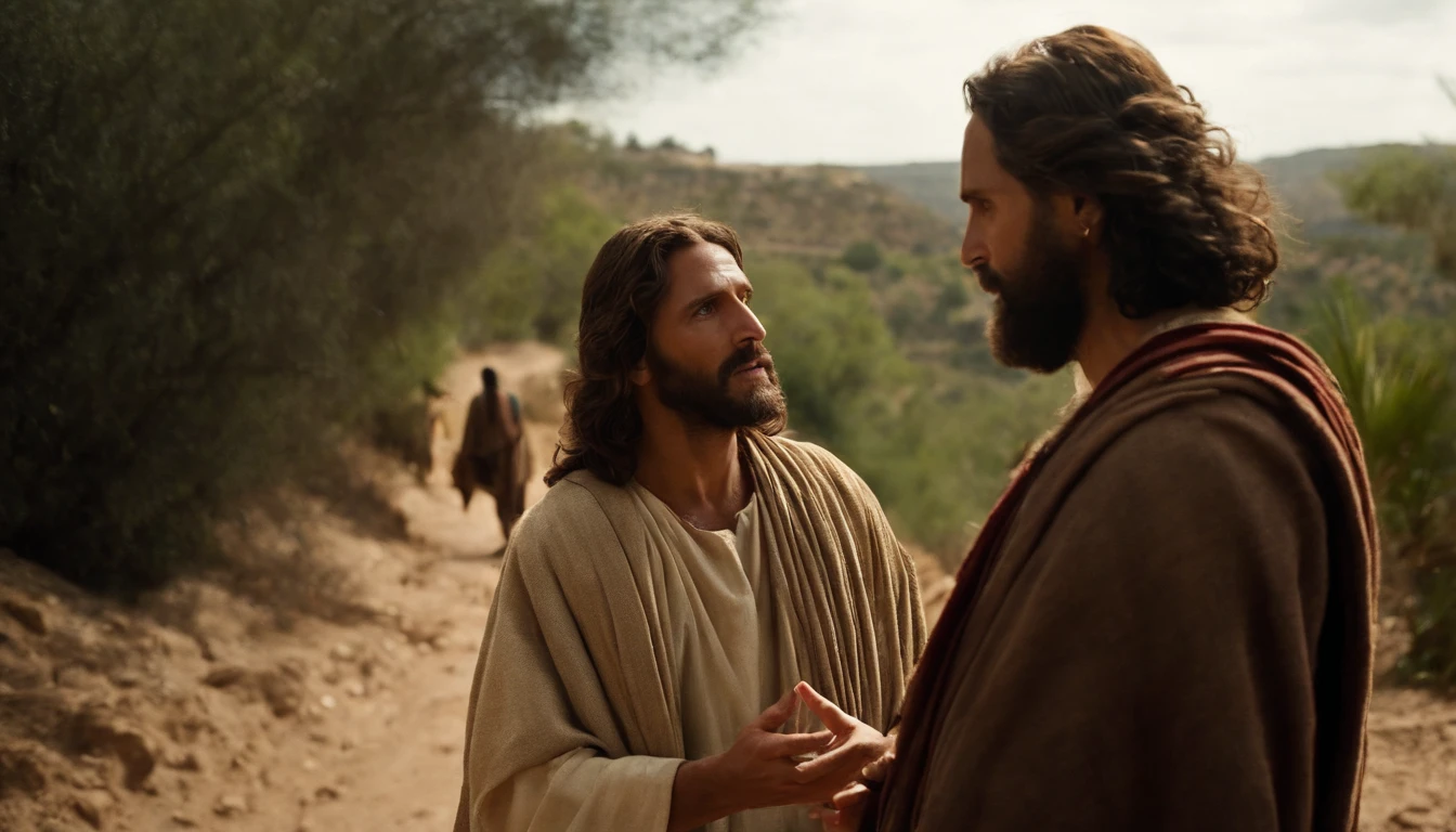 Jesus Christ talking to an official on his way to Capernaum. Jesus esta em uma estrada de terra. the landscape is of ravines, tempo de jesus. there are disciples with them. o empregado se encontra com Jesus.