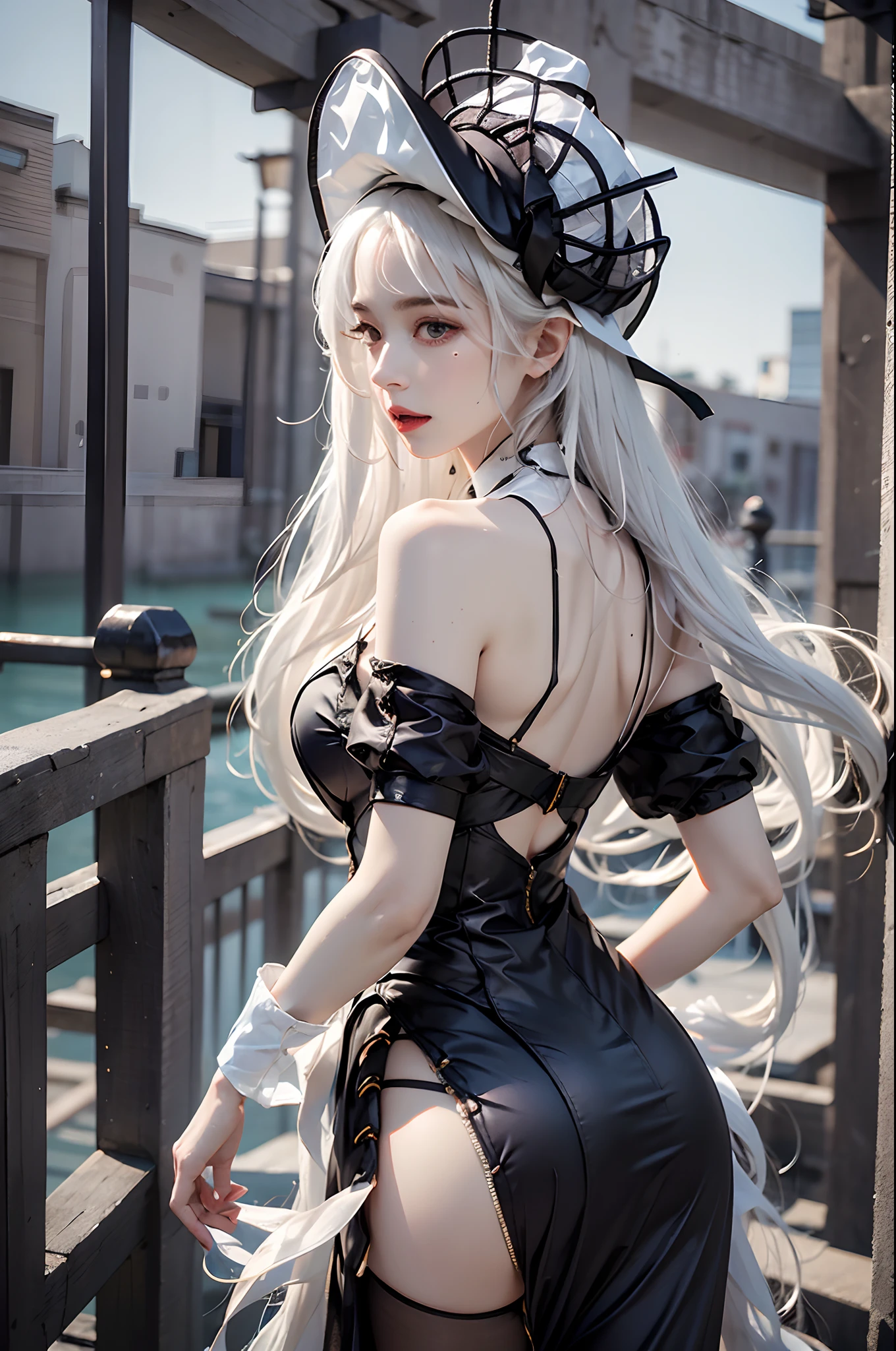 photorealistic, high resolution, 1 girl, white hair, hips up, specter, hat, black dress, back view