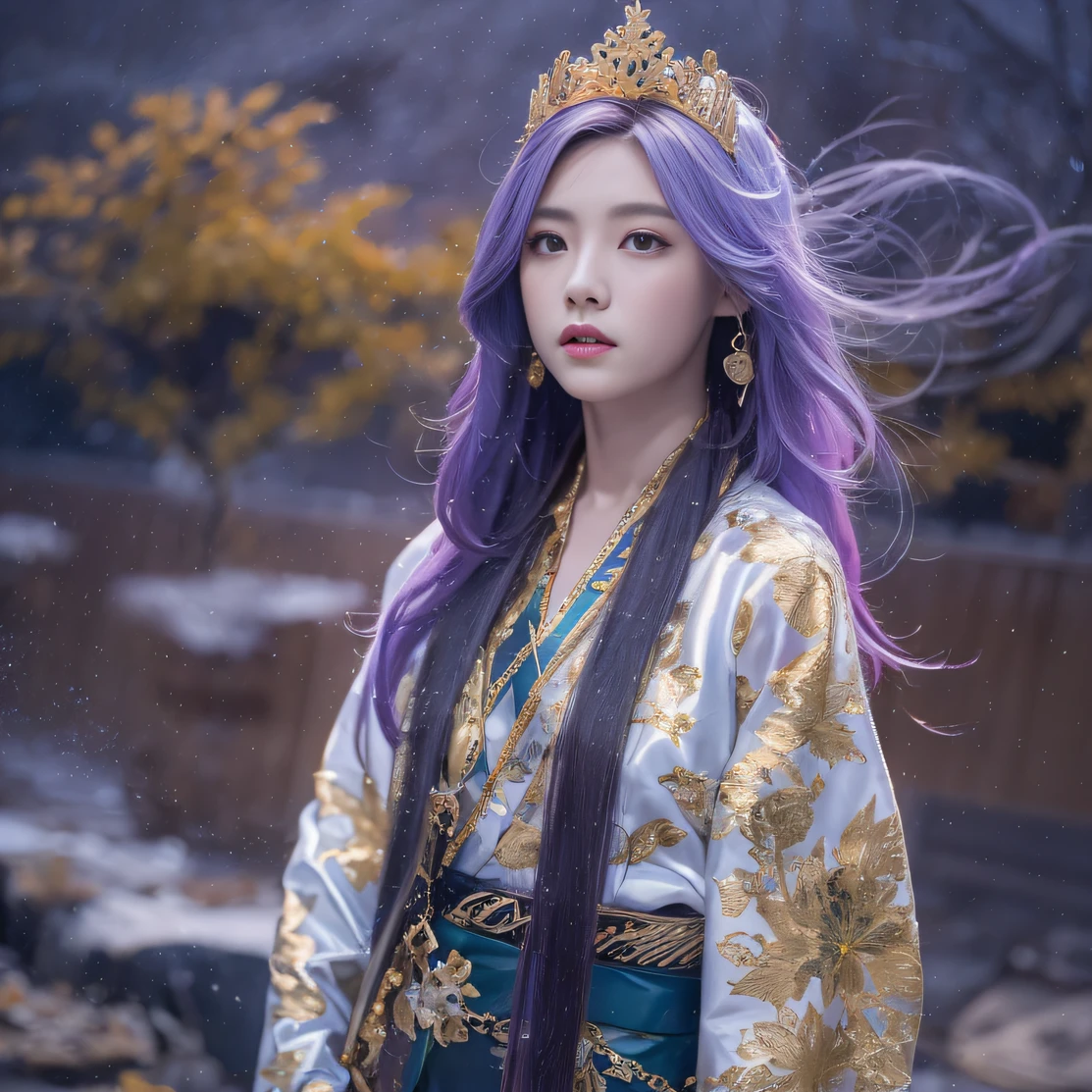 Genki Girl 32K(tmasterpiece,k hd,hyper HD,32K)Long flowing bright purple hair,Autumn Pond,zydink, a color, Asian people (Genki girl), (Silk scarf), Combat posture, looking at the ground, long whitr hair, Floating bright purple, Fire cloud pattern gold tiara, Chinese long-sleeved gold silk garment, (Abstract metaverse splash:1.2), white backgrounid,Lotus Vitality Protector(realisticlying:1.4),Bright purple hair,Smoke on the road,The background is pure, A high resolution, the detail, RAW photogr, Sharp Re, Nikon D850 Film Stock Photo by Jefferies Lee 4 Kodak Portra 400 Camera F1.6 shots, Rich colors, ultra-realistic vivid textures, Dramatic lighting, Unreal Engine Art Station Trend, cinestir 800,A girl with flowing bright purple long hair