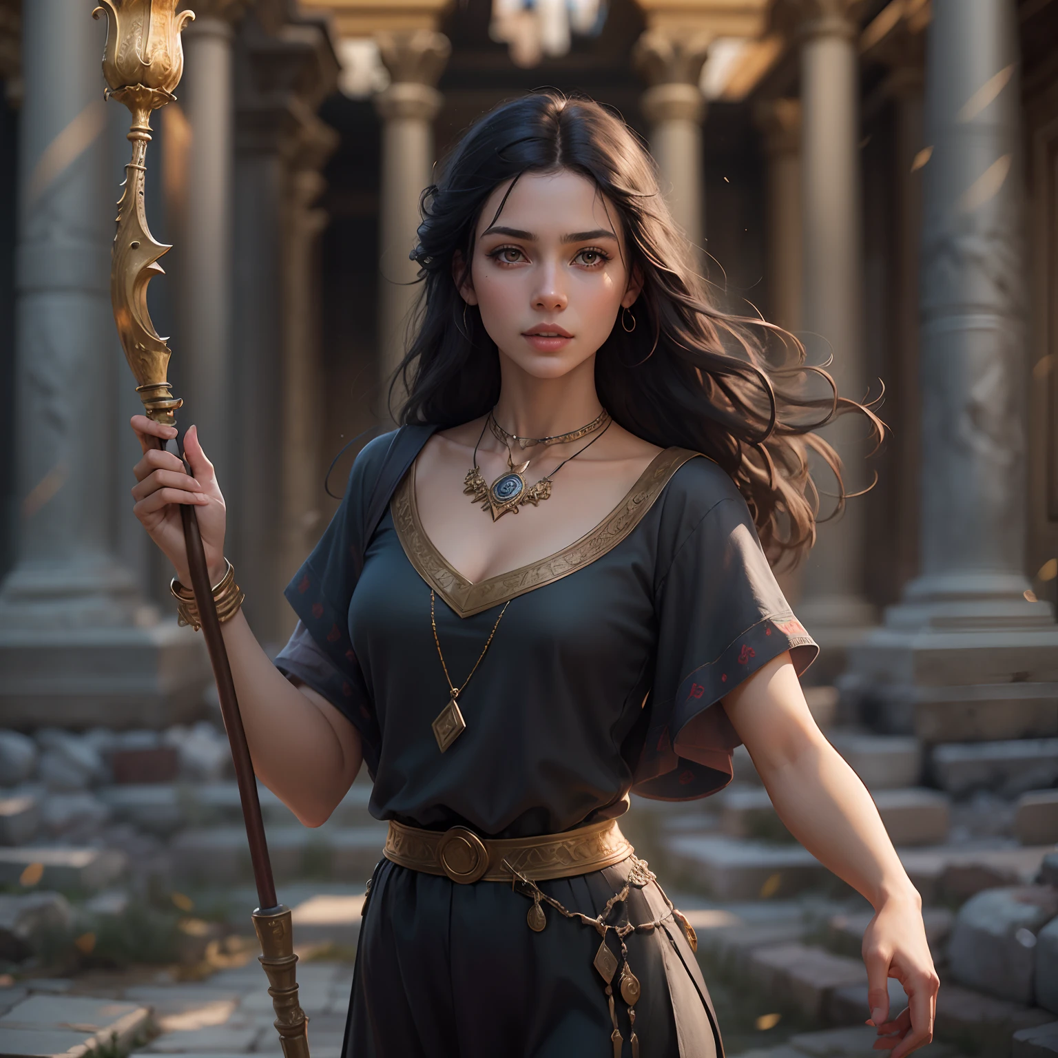 Female wizard, dark eyes, dark hair, fair skin, intelligent and beautiful, cheerful and friendly, slender, tight black top and bottom, golden necklace, holding magic staff, super accurate description of hands, Strolling through an ancient Greco-Roman city, epic fantasy art, photorealistic, super high quality, super high detail, masterpiece, 4k, 8k, HDR