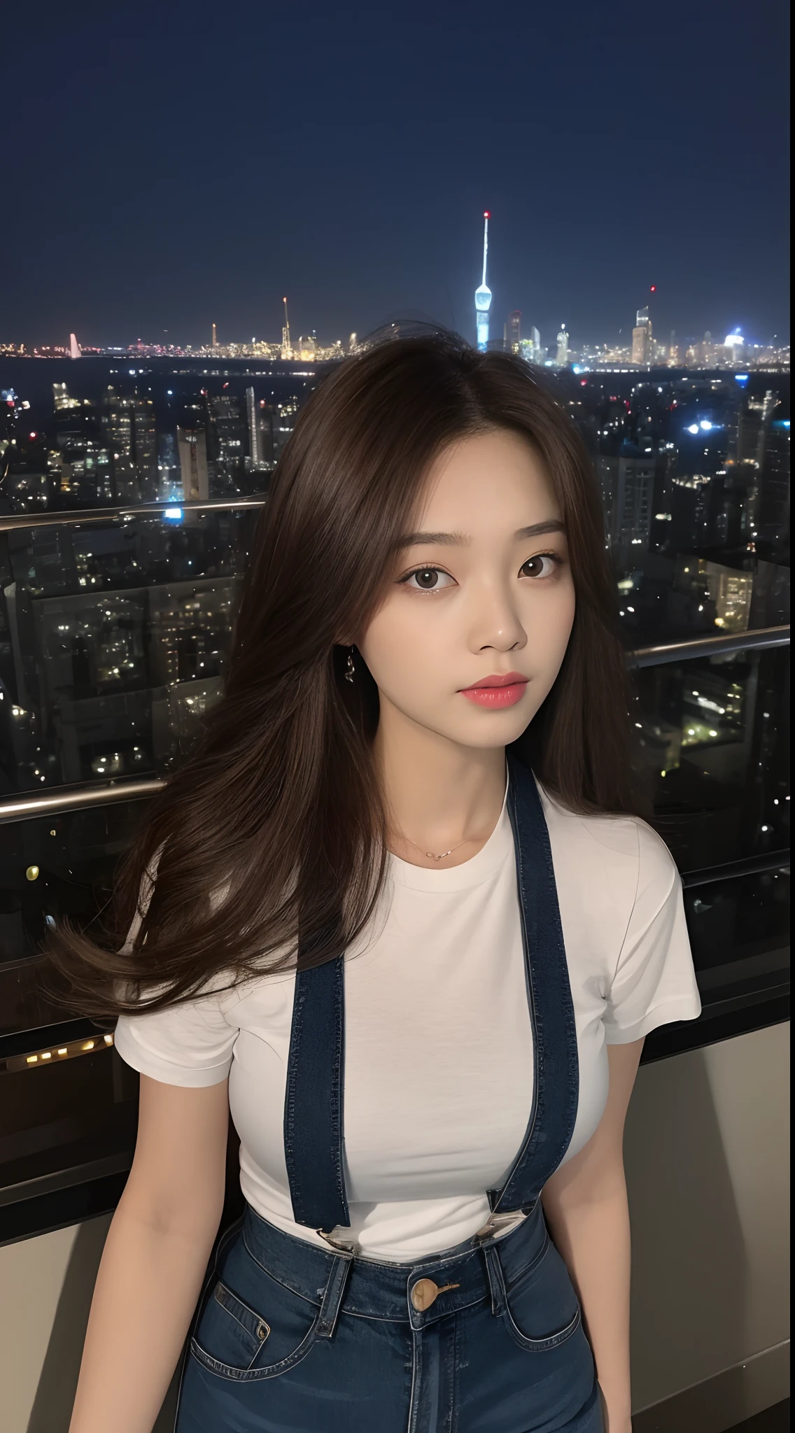 ((Midnight, Best quality, 8k, Masterpiece :1.3)), Whole body, Long legs, Sharp focus :1.2, A pretty woman with perfect figure :1.4, Slender abs :1.1, ((Dark brown hair, Big breasts :1.2)), (White tight tshirt, Jean bib, Standing:1.2), ((Night city view, Rooftop:1.3)), Highly detailed face and skin texture, Detailed eyes, Double eyelid