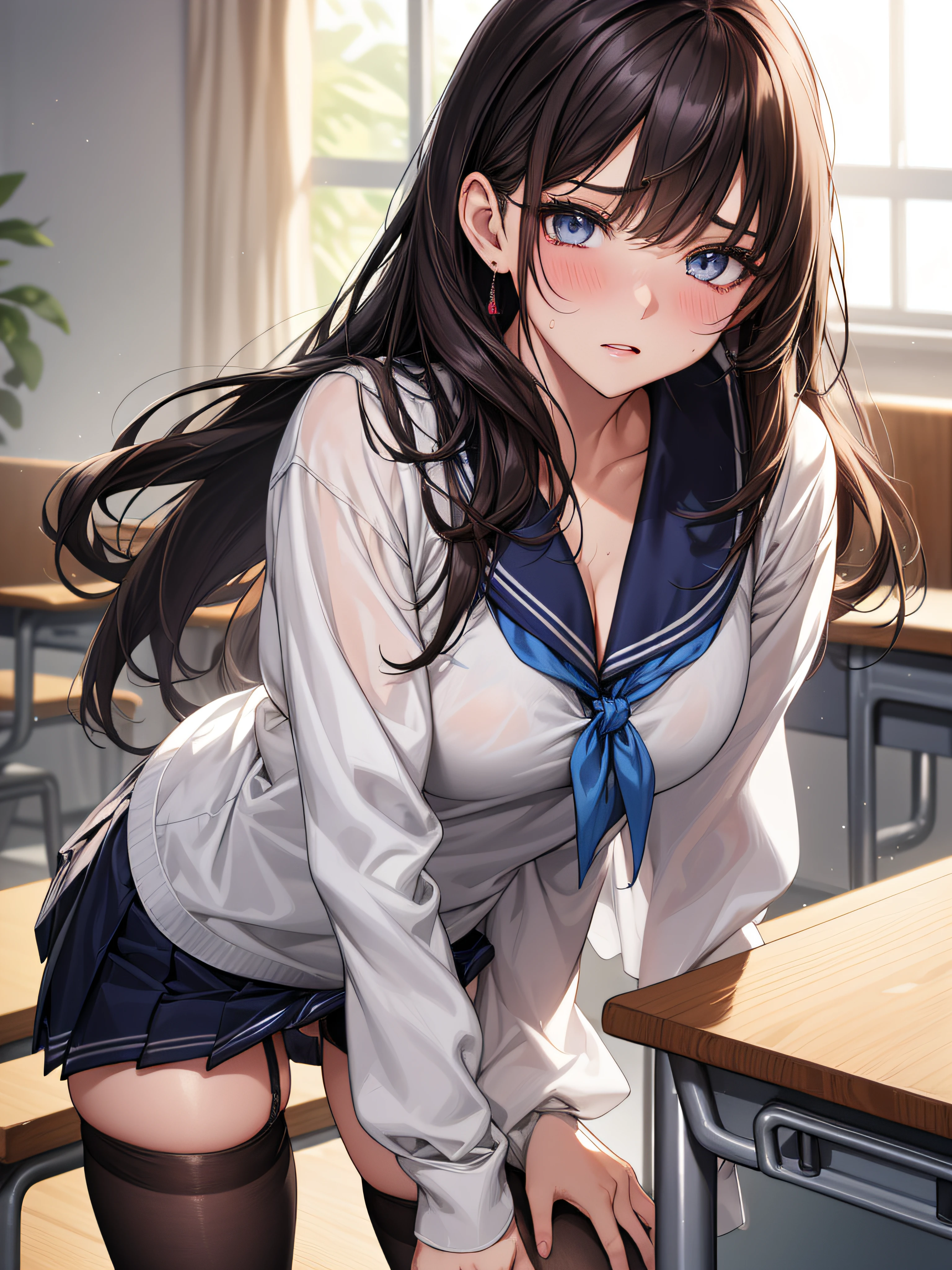 photorealisim、top-quality、超A high resolution、a picture、Photo of an exquisitely beautiful Nordic-born girl、Extraordinary beautiful girl、Highlights of cheek luster、Detailed cute and beautiful face、(pureerosface_v1:0.008)、Beautiful bangs、shinny skin、shiny beautiful bright hair、Silky hair、finer hair、High-definition eyes、perfectbody, Bright and clear, Eyes shine attractively、eye liner、Double eyelids、Lush bust、Full body like、dismay、Exposed cleavage、Sperm taken、Overflowing sperm、white mucus sticks everywhere,,,,,,、 red blush、humiliated、impatience、dismay、Frightened、glares、embarrassed from、Open knees、open one's legs、(Masturbation behavior:2.0)、Teasing the crotch、grabbing on breasts、Insert Finger、White underwear、White bra、Shiny little earrings and necklaces、Disheveled clothes、Dressing、Exposed panties、Stockings、Drenched in sweat、Sheer underwear、18year old, Neat and clean woman , upturned breasts, On a desk in a classroom、Black brown hair、Blue-gray eyes,(Girls' High School Uniform:1.3)、