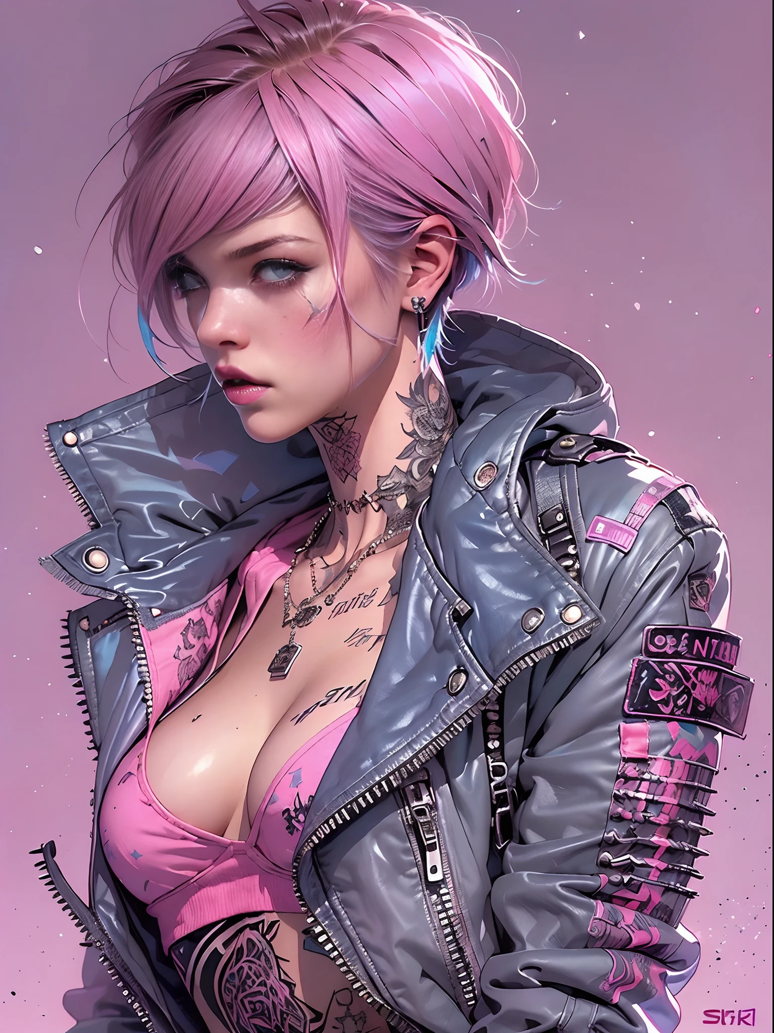 (((of the highest quality: 1.4))),(unparalleled masterpiece ever), (Ultra high definition),(Ultra-realistic 8K CG), offcial art、 (((adult body))), (((1girl in))), ((( Bob Shorthair ))), Punk girl with a perfect body, Jacket with metal spines,Beautiful and well-groomed face,,Detailed punk fashion,leather jackets, (Image from head to thigh),(( Bob shorthair with blue highlights on pink )), Small leather panties, Simon Bisley's urban savage style,Detailed street background of London,Clean abs, Complex graphics, dark pink with pink stars and gray and white stripes,, (( Many poisonous tattoos )), ,