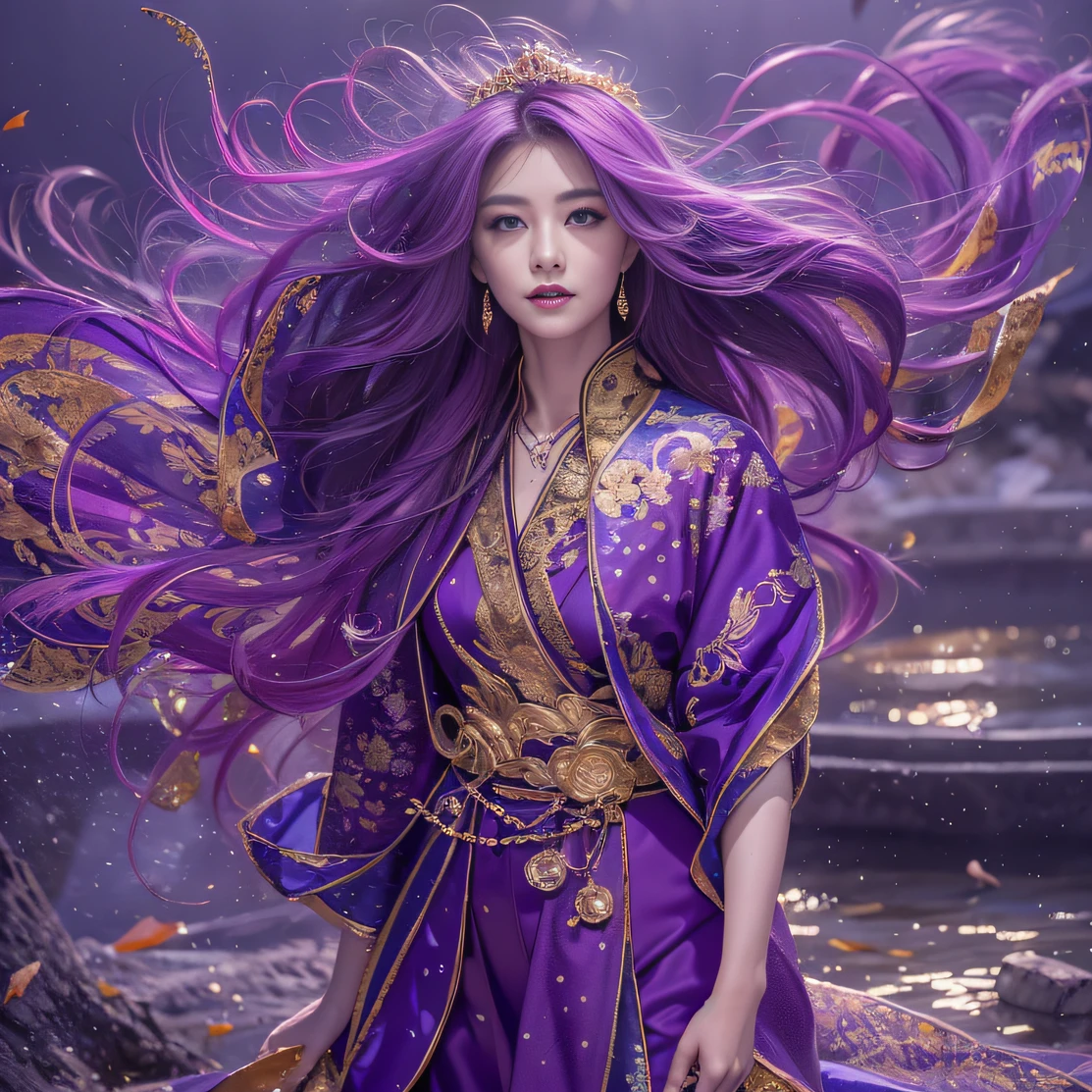 Genki Girl 32K(tmasterpiece,k hd,hyper HD,32K)Long flowing bright purple hair,Autumn Pond,zydink, a color, Asian people (Genki girl), (Silk scarf), Combat posture, looking at the ground, long whitr hair, Floating bright purple, Fire cloud pattern gold tiara, Chinese long-sleeved gold silk garment, (Abstract metaverse splash:1.2), white backgrounid,Lotus Vitality Protector(realisticlying:1.4),Bright purple hair,Smoke on the road,The background is pure, A high resolution, the detail, RAW photogr, Sharp Re, Nikon D850 Film Stock Photo by Jefferies Lee 4 Kodak Portra 400 Camera F1.6 shots, Rich colors, ultra-realistic vivid textures, Dramatic lighting, Unreal Engine Art Station Trend, cinestir 800,A girl with flowing bright purple long hair