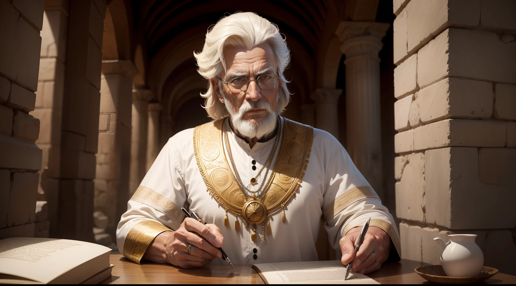 An ancient biblical time man, cabelos escuros, 59 anos, retrato realista, tunic clothing, representing Abraham