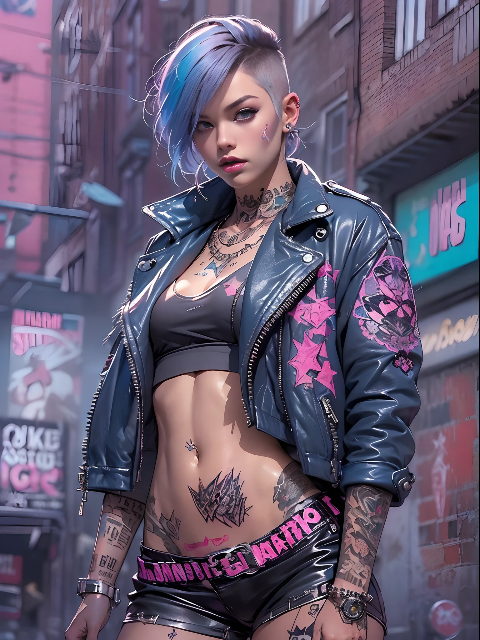 (((of the highest quality: 1.4))),(unparalleled masterpiece ever), (Ultra high definition),(Ultra-realistic 8K CG), offcial art、 (((adult body))), (((1girl in))), ((( Bob Shorthair ))), Punk girl with a perfect body, Jacket with metal spines,Beautiful and well-groomed face,,Detailed punk fashion,leather jackets, (Image from head to thigh),((Bob short hair with blue highlights on pink )), Small leather panties, Simon Bisley's urban savage style,Detailed street background of London,Clean abs, Complex graphics, dark pink with white stars and gray and white stripes,,,, (( Many poisonous tattoos )), piercings,