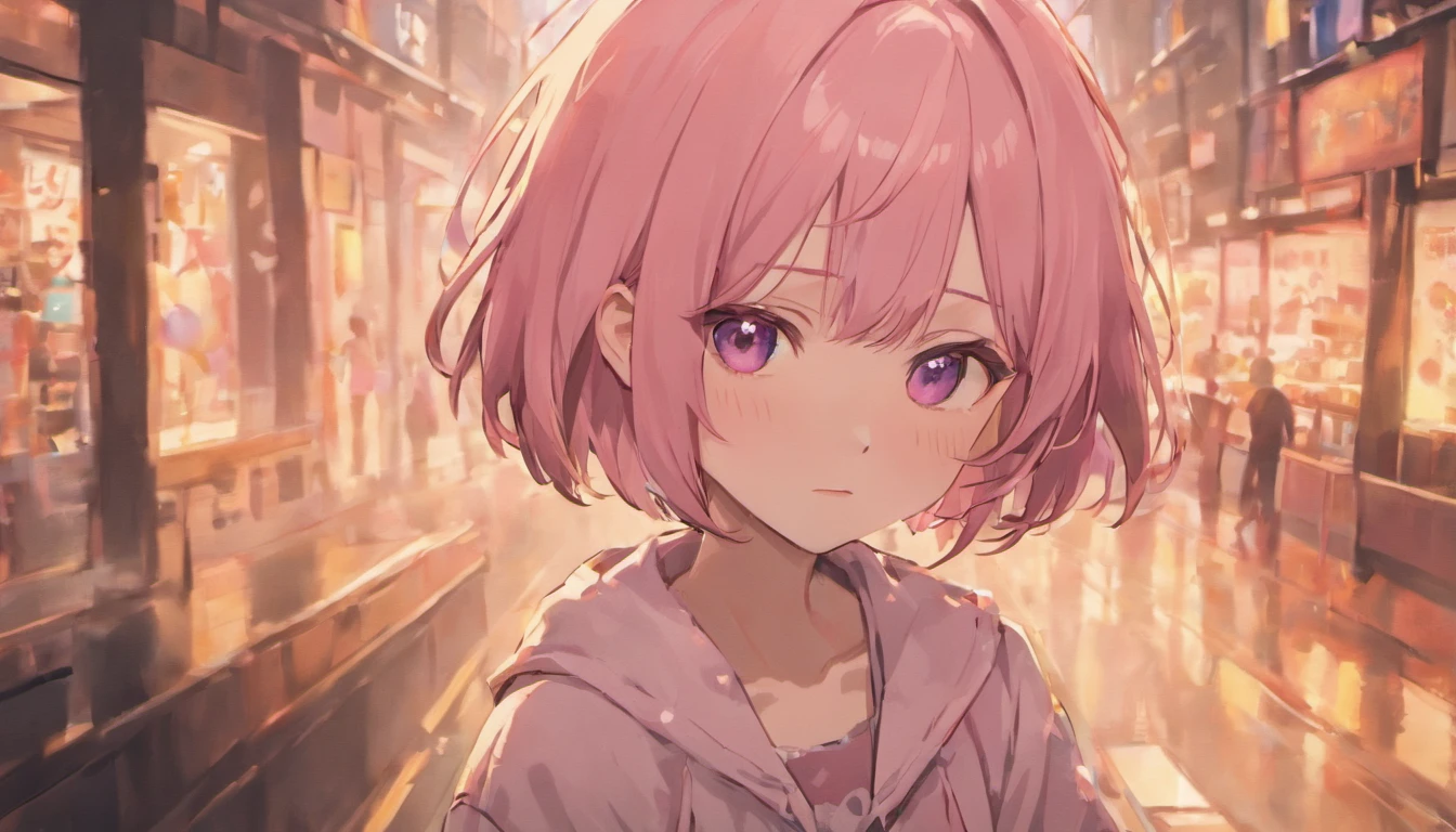 (bob cut hair, very shy and blush face, Best Quality), ((Masterpiece)), (High Definition:1.3), Beautiful,(Masterpiece), Realistic, Beautiful photo, fisheye, dirty street、1girl, Slender small breasts、cat ears, light purple hair、Cute Beautiful Girl、Small Bikini
