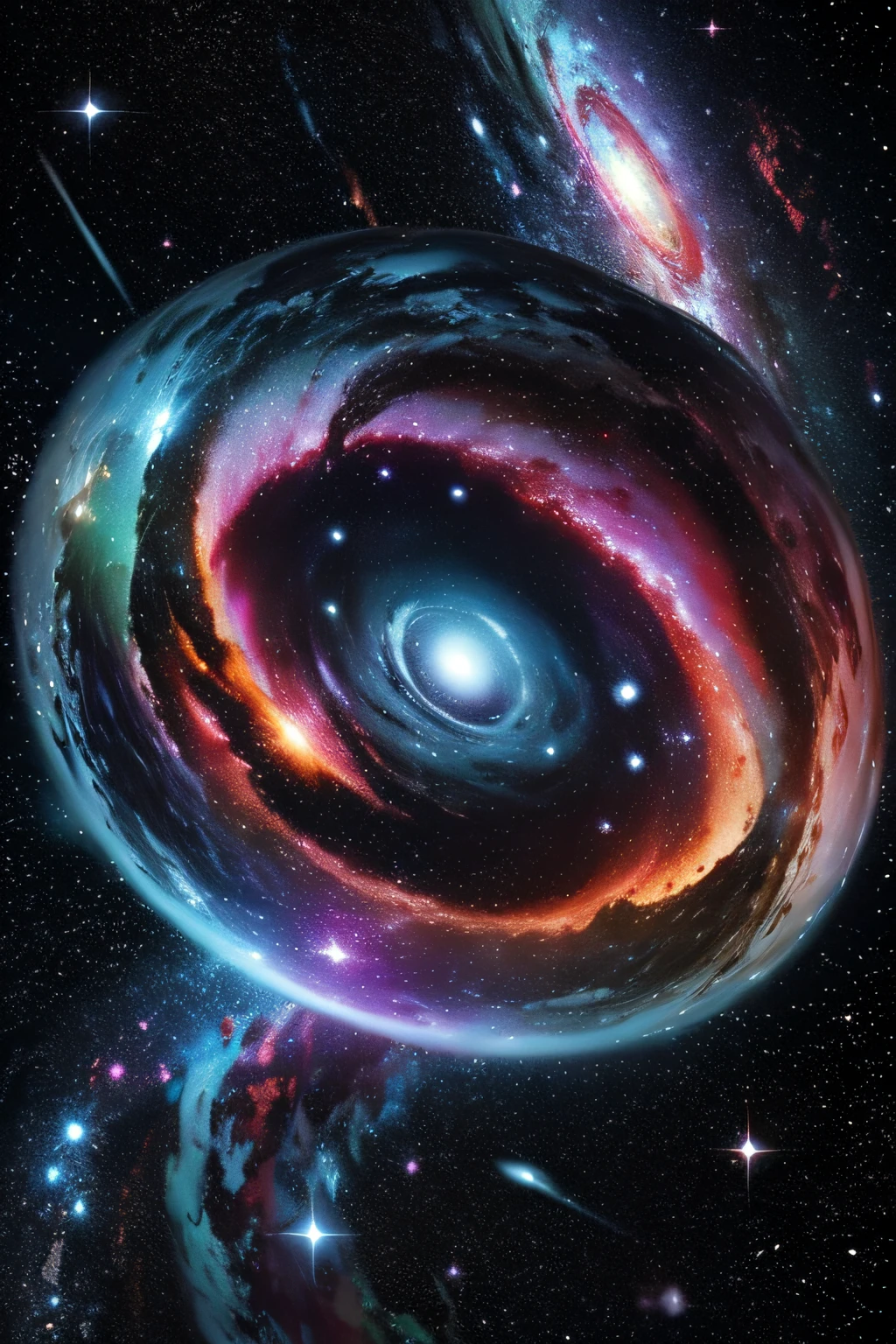 Make use of the elements of cosmic nebulae and galaxies,Create mystery、The feeling of the vastness of the universe。k hd,8K,9:16,Use irregular shapes and bright colors to create mystery 。