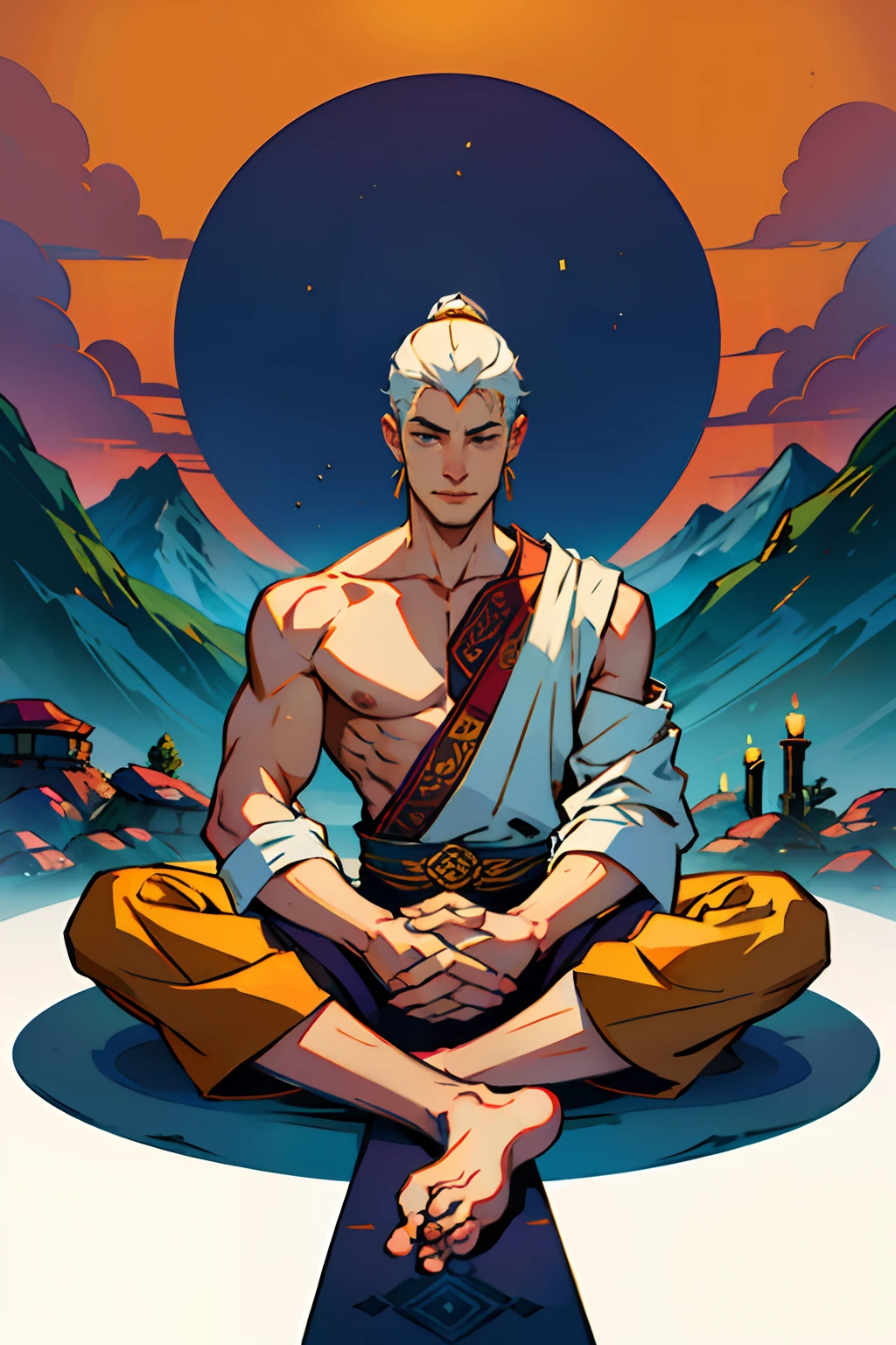 A calm and serene spiritual man, meditating on a floating carpet, in lotus pose, with roses on the ground, background is a single mountain peak, mood is solace, aplomb, comfort, daytime light, character design.