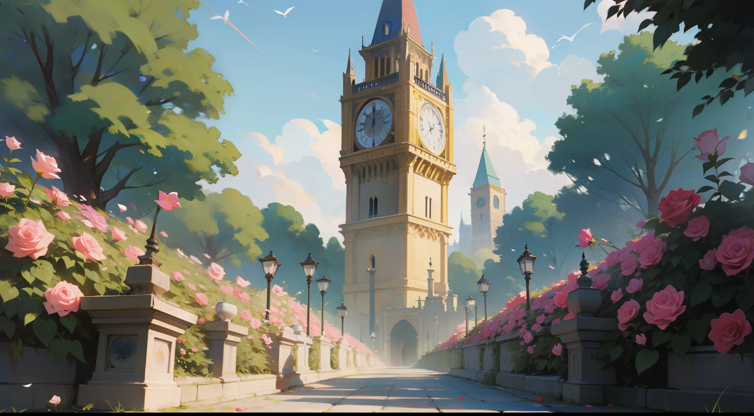 the clock tower，The walls of the royal palace are covered with flowers，Surrounded by roses，Western fantasy，Fairytales，Works of masters，A high resolution