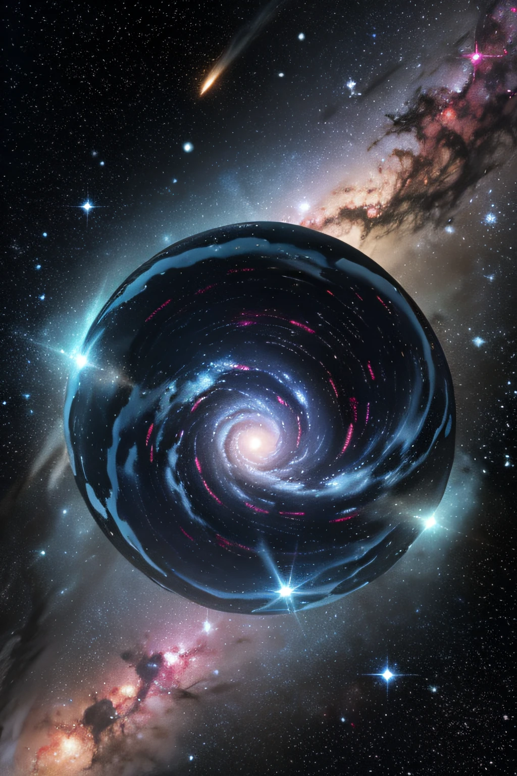 Make use of the elements of cosmic nebulae and galaxies,Create mystery、The feeling of the vastness of the universe。k hd,8K,9:16,Use irregular shapes and bright colors to create mystery 。