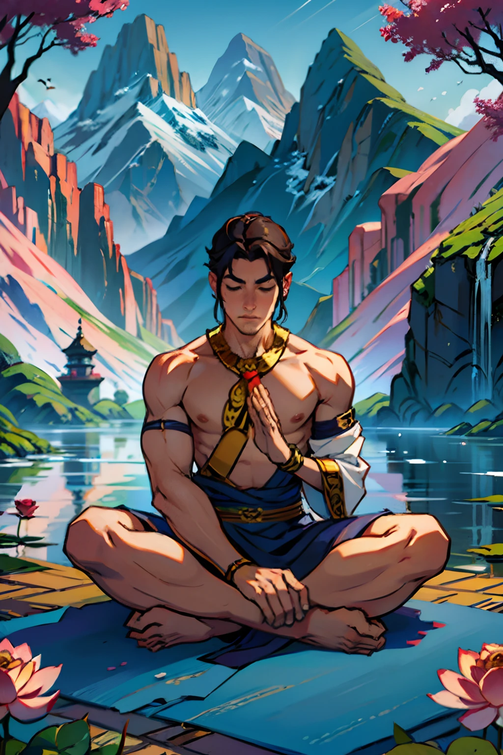 Fantasy setting,1boy,short black hair,blue eyes, ( brown skin:1.3), orange loincloth, indian Prince, hindu temple in background,water stream, lotus flowers, petals on water, fantasy theme, topless, meditating, prayer stance, (namaste:1.2),halo, being blessed,