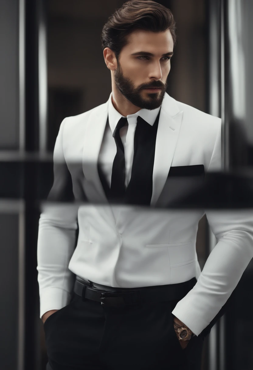 Up、Make a handsome man in his 30s in a black suit and tie, vd, brown hair and beard, (Man in black suit and tie), ), (Use a beard,) Attractive and serious look, short dark hair, Stylish and elegant, Suit-fit shave and strong body, (hightquality, Realistic images), Dark black and light on image background, Film Style, ((top-quality, 8K, masterpiece), ultra hi definition photo, (beautiful faces detailed, detail skin texture, hyperdetailed body:1.1)