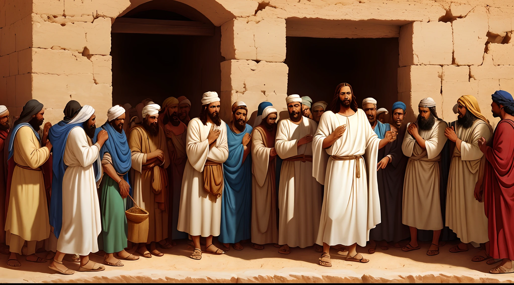 criar uma imagem perfeita de Jesus Cristo, perfect face healing the blind man in the city of Jericho, as it is written in the Bible;, With a crowd at the entrance to the city of Jericho. perfect and well-detailed biblical image.