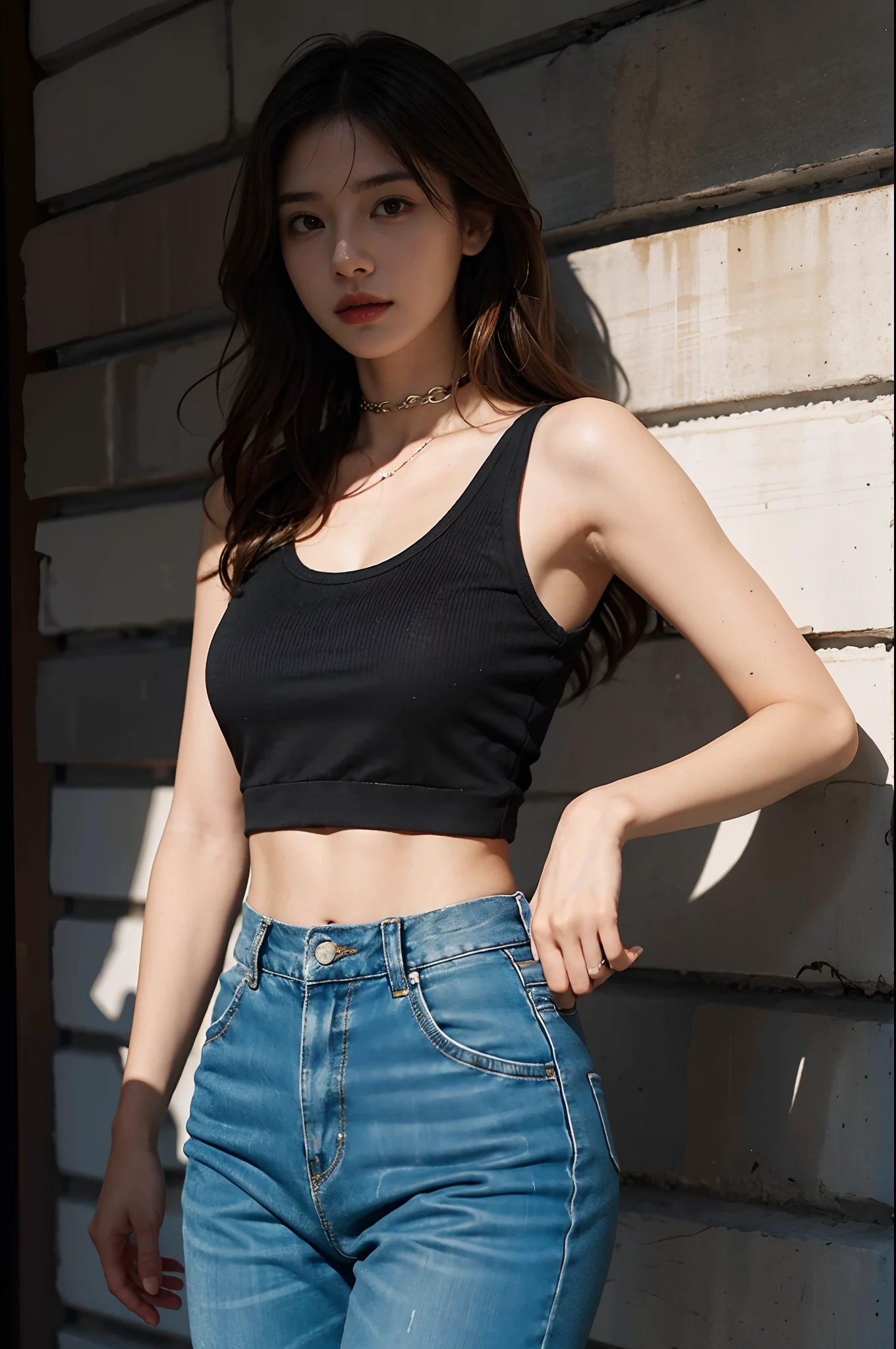 full body，（Bigboobs、Tomboyish、small heads）），（Clear abs：1.1），（perfect bodies：1.1），（short and wavy hair：1.2），Russet hair，Collar，chain，Full body photo，crowding street，wearing a black tank top，jean jacket，（shorter pants）），（Extremely detailed CG 8k wallpaper），（Extremely delicate and beautiful），（Extremely delicate and beautiful），（tmasterpiece），（best qualityer：1.0)，（超A high resolution：1.0），（超A high resolution：1.0），Nice lighting，Perfect flash realistic shadows，[A high resolution]，delicate skin，hyper-detailing（（a color））