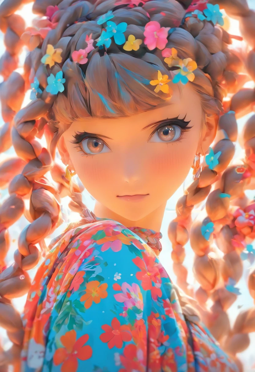 Genki girl,vivaciousness,adolable,Floral dress,Twist braids,