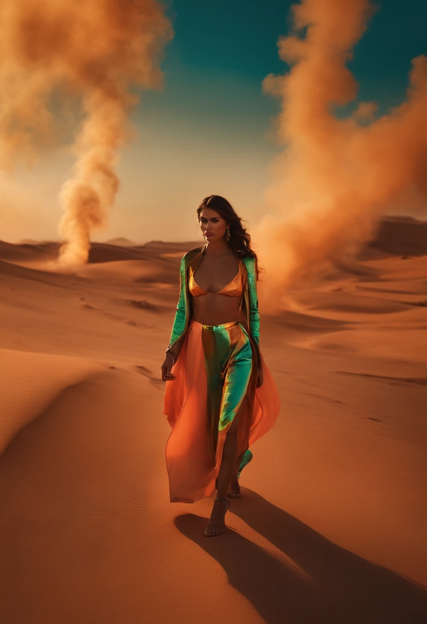 Mulher bonita andando pelo deserto com roupa de couro, triangle with neon, with various fumes, various colored smokes around, andarilho, deserto futurista, various details
