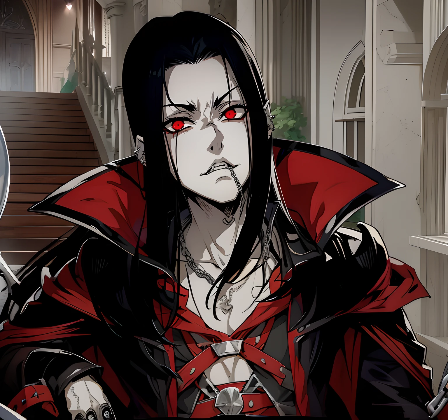 Anime style, anime version, vampire boy, alucard, metalhead boy, Black long hair boy, close face, extreme long hair boy, vampire style, gothic boy, vanitas Mouth piercing, chain from mouth to ear, dark theme, beautiful boy, extreme long hair boy, gothic boy,
