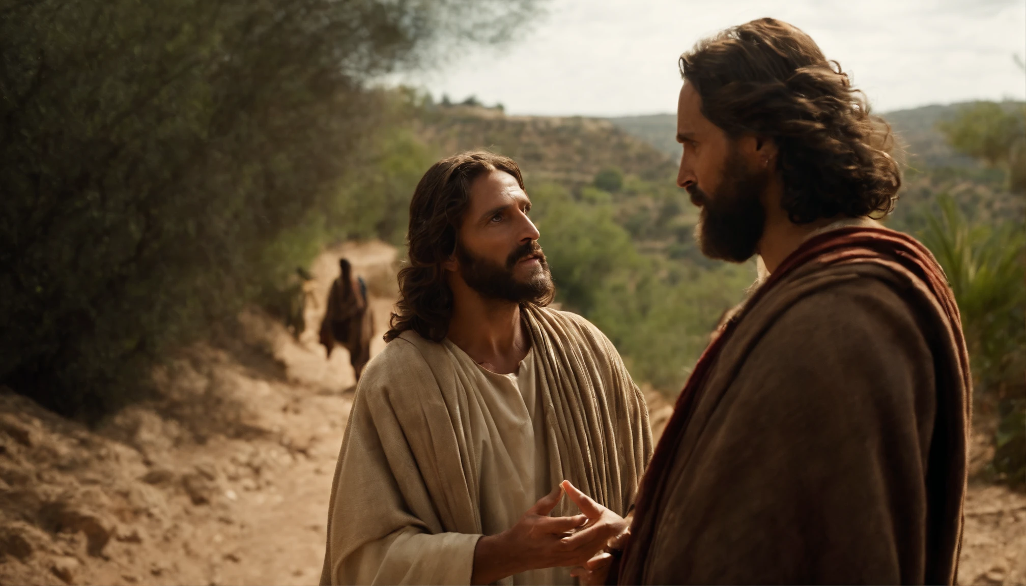 Jesus Christ talking to an official on his way to Capernaum. Jesus esta em uma estrada de terra. the landscape is of ravines, tempo de jesus. there are disciples with them. o empregado se encontra com Jesus.
